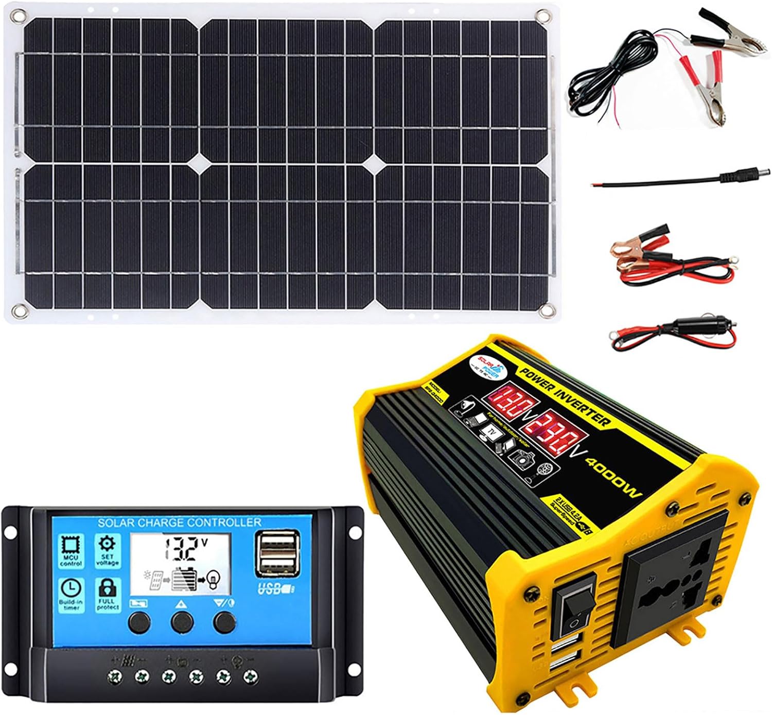 Complete Solar Charging Kit: 4000W Inverter + 18W Panel + 30A Controller (2USB/LED) for Home/RV/Marine Use(Black)