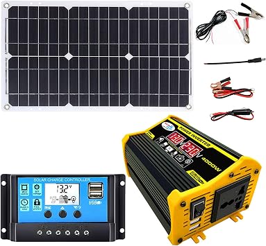 Solar Panel Kit ,Complete Solar Panel Kit, 18W Waterproof Solar Panel And 4000W Solar Inverter, 12V Solar 30A Controller with 2 USB Ports And LED Display for Home RV Boat Portable Car Charger,Black