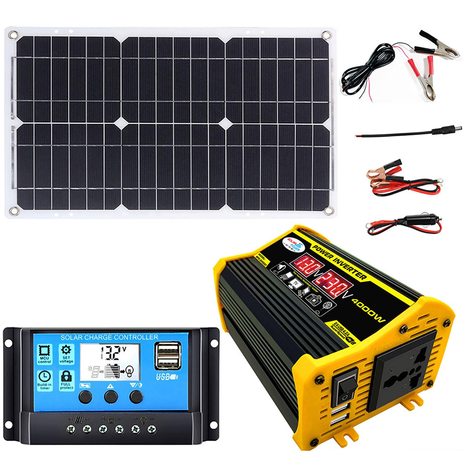 MIIZOO 4000W Solar Inverter Kit for Motorhomes, Boats, Cabins and Homes with Double 18W Monocrystalline Panels, 30A Charge Controller and Pure Sine Wave (Black)