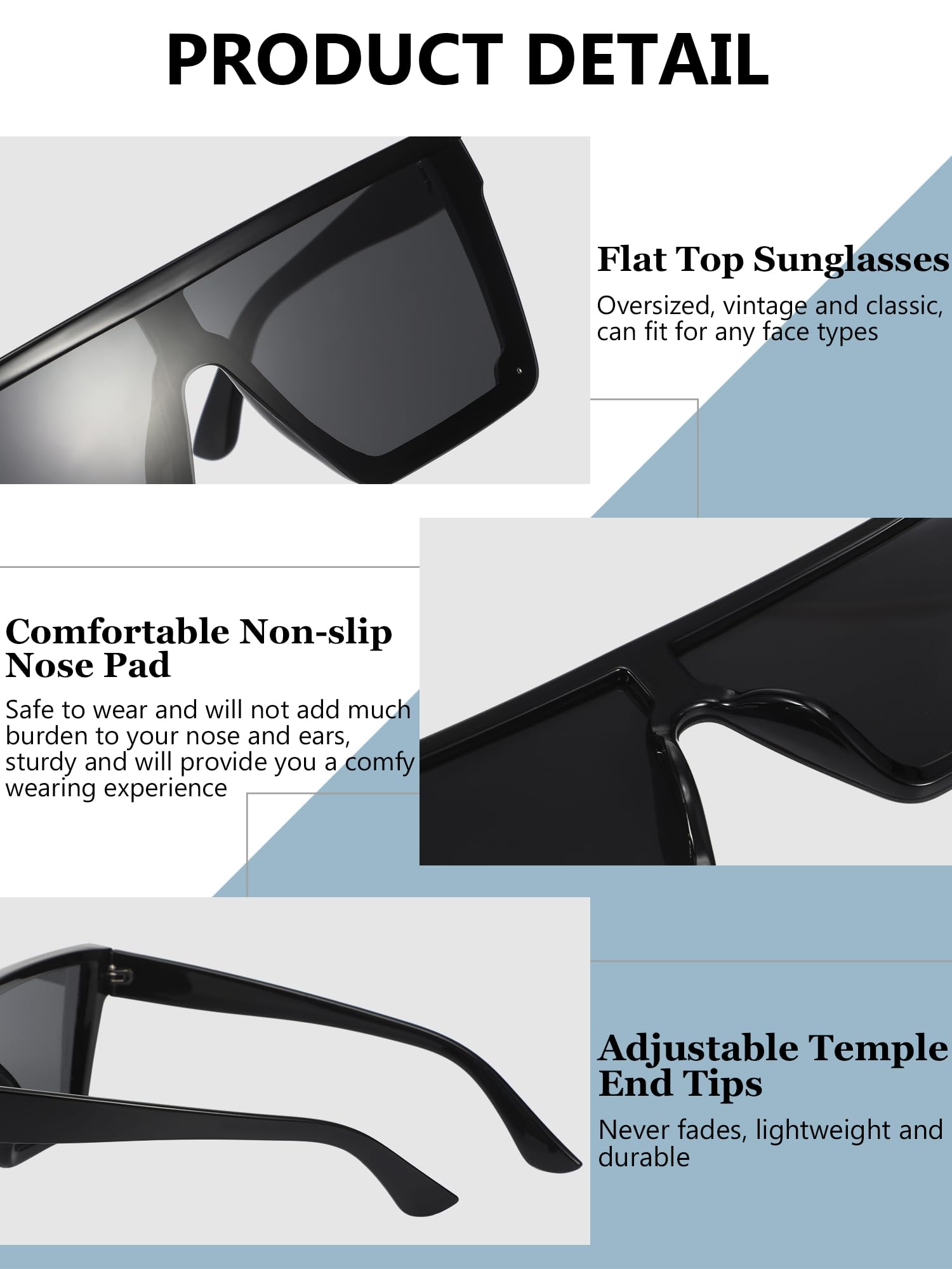 4 pares de lentes de sol de gran tamaño con parte superior plana vintage, gafas de sol cuadradas unisex para mujeres y hombres, Azul hielo, gris, plata, marrón degradado 3