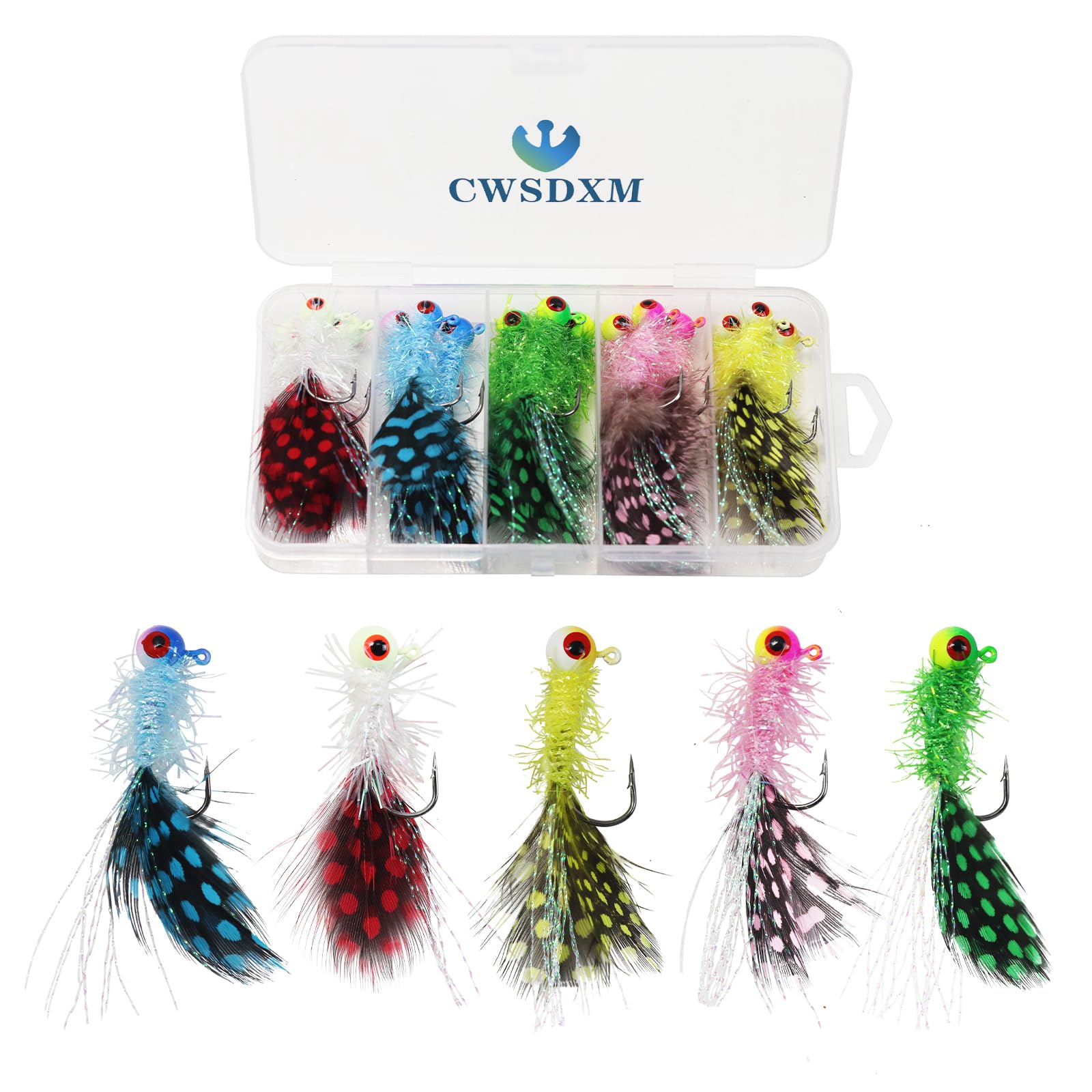 Crappie Jig Heads Kit, Lifelike Eyes Marabou Hair Feather Jigs with Coloured Spotted Feathers and Sharp Hooks for Ice/Fly Fishing, Panfish Crappie
