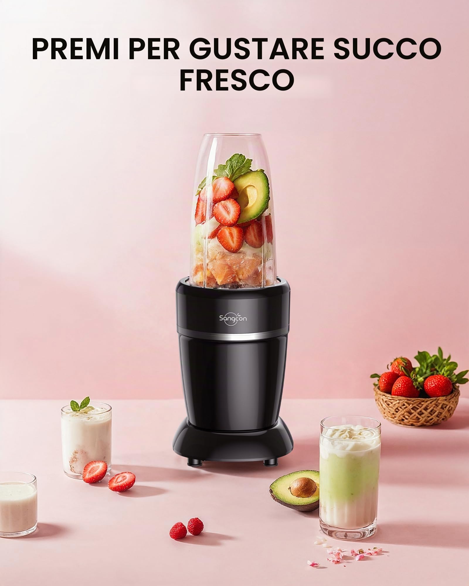 Sangcon - Frullatore da cucina da 1000 W, 3 tazze, 2 beccucci, 1 tappo di conservazione, 1 tappo To-Go, frullatore portatile per frullati e frullati