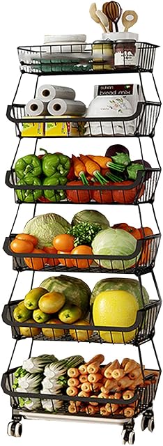 DBromanticArt 6-Tier Fruit Storage Basket Metal Fruit Bowl Detachable Multifunctional Holder Stand Storage Baskets Rolling Utility Cart for Kitchen Bedroom Bathroom