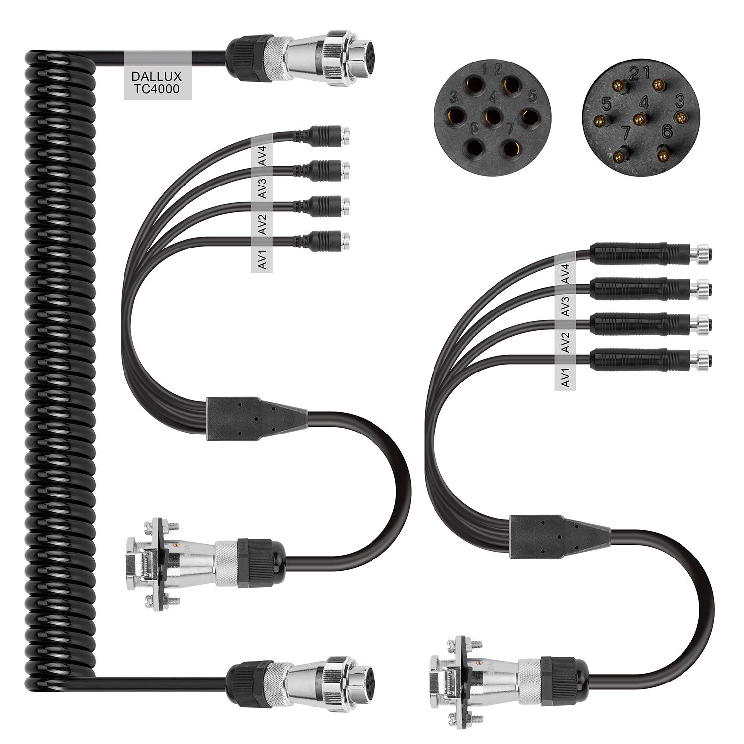 DALLUX Heavy Duty Vehicle Coil Trailer Cable with 4 Channel 4 PIN AV Connector Disconnect Kit for Truck Caravan Motor Home Backup Security Camera Monitor System