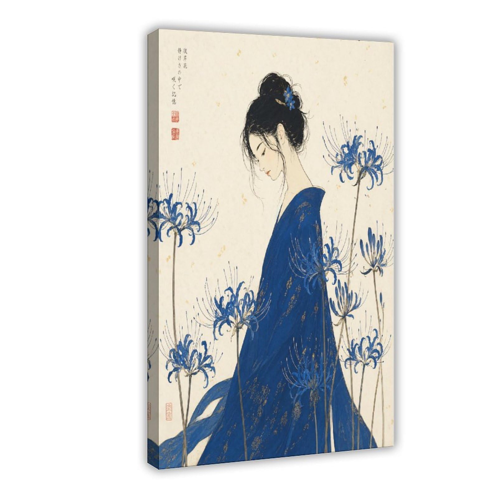W7c8u2x3 Frame-Style-24 Blue Kimono Woman Canvas Wall Art, Japanese Woodblock Dorm Decor