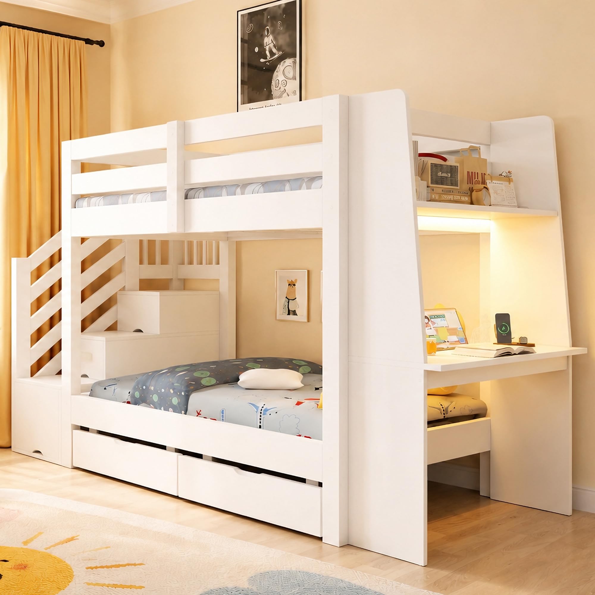 Etagenbett für Kinder, 90 x 200 cm, Holzrahmen mit Leiter, integriertem Schreibtisch, LED-Lichtleiste, Steckdose und Schubladen. Geeignet für Jugendliche und Erwachsene.Weiß
