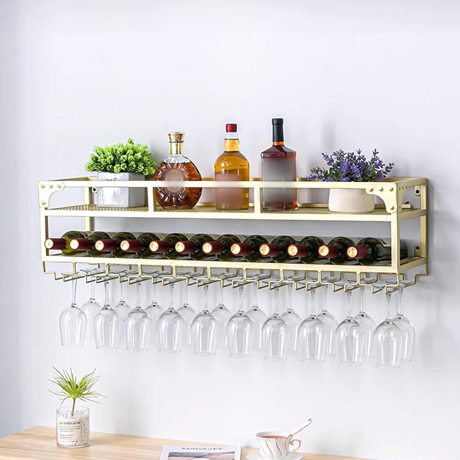 Wall Wine Storage Racks Iron Metal Frame,LED Hanging Wall Mounted Wine Rack,Bar Liquor Bottle Display Shelf,Iron Bar Liquor Shelf,for Home Bar, Dining Room, Kitchen ( Color : Gold , Size : 60*25cm )