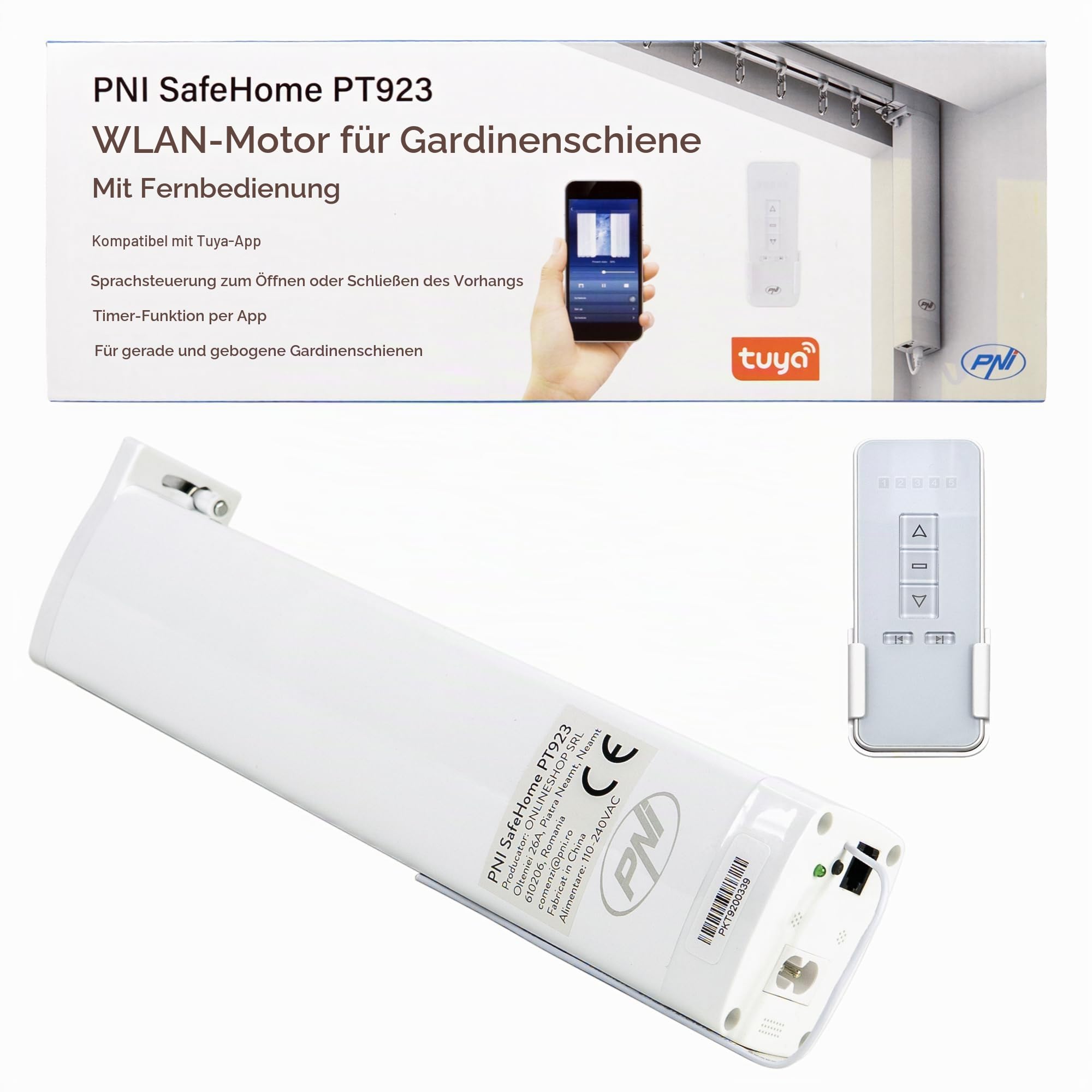 Intelligenter Vorhangmotor, Vorhänge PNI SafeHome PT923, WLAN, inklusive Fernbedienung, gesteuert mit der Tuya Smart App