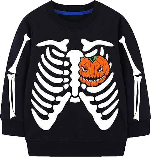 TBBCWWQY Sudadera de Halloween para niños, camisa de dinosaurio que brilla en la oscuridad, para niñas, calabaza, murciélago, manga larga, algodón