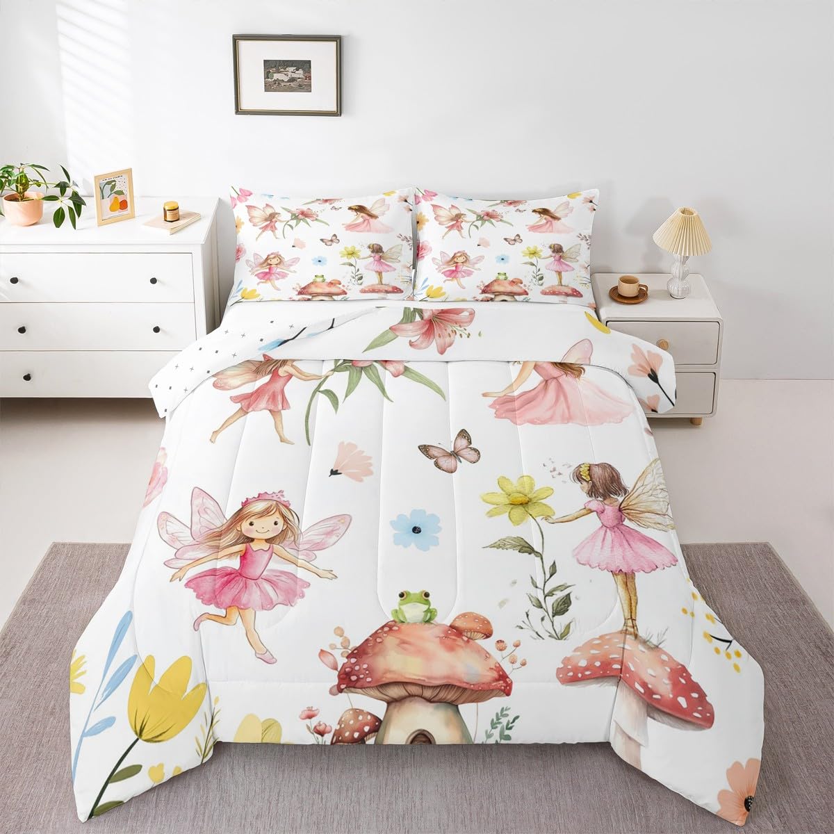 Feelyou Kids Princess Bedding Set Queen Size, Fairy Garden Comforter Set Pink Duvet Insert Boys Girls Teens Bedroom Decor 3Pcs