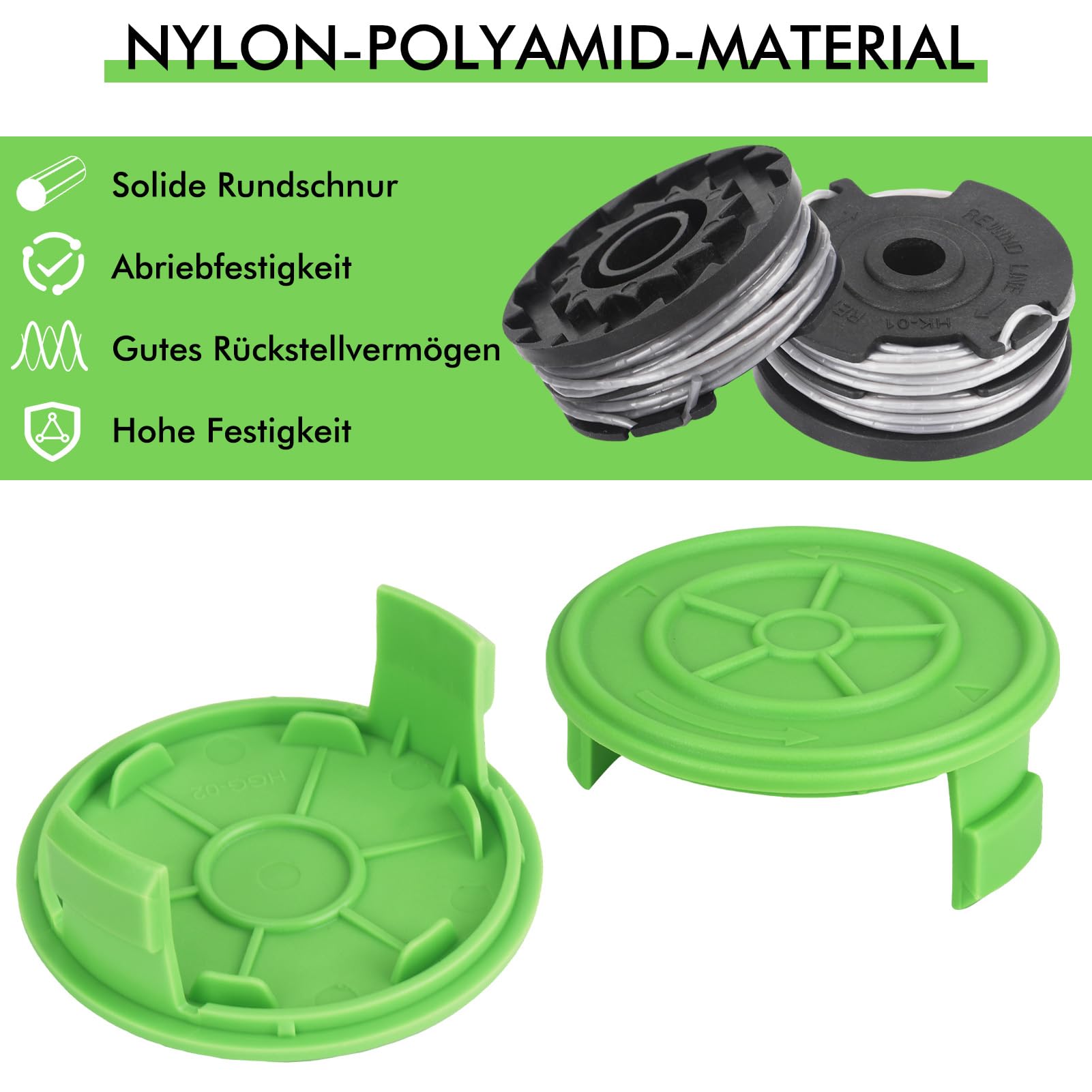 Bobina di filo da 8,3 m e 1,65 mm, compatibile con decespugliatore cordless Greenworks 40V G40LT/ G40LTK2/ G40LTK2x / 2101507/2101507UA/2101507UC (6 bobine + 2 coperture bobina)