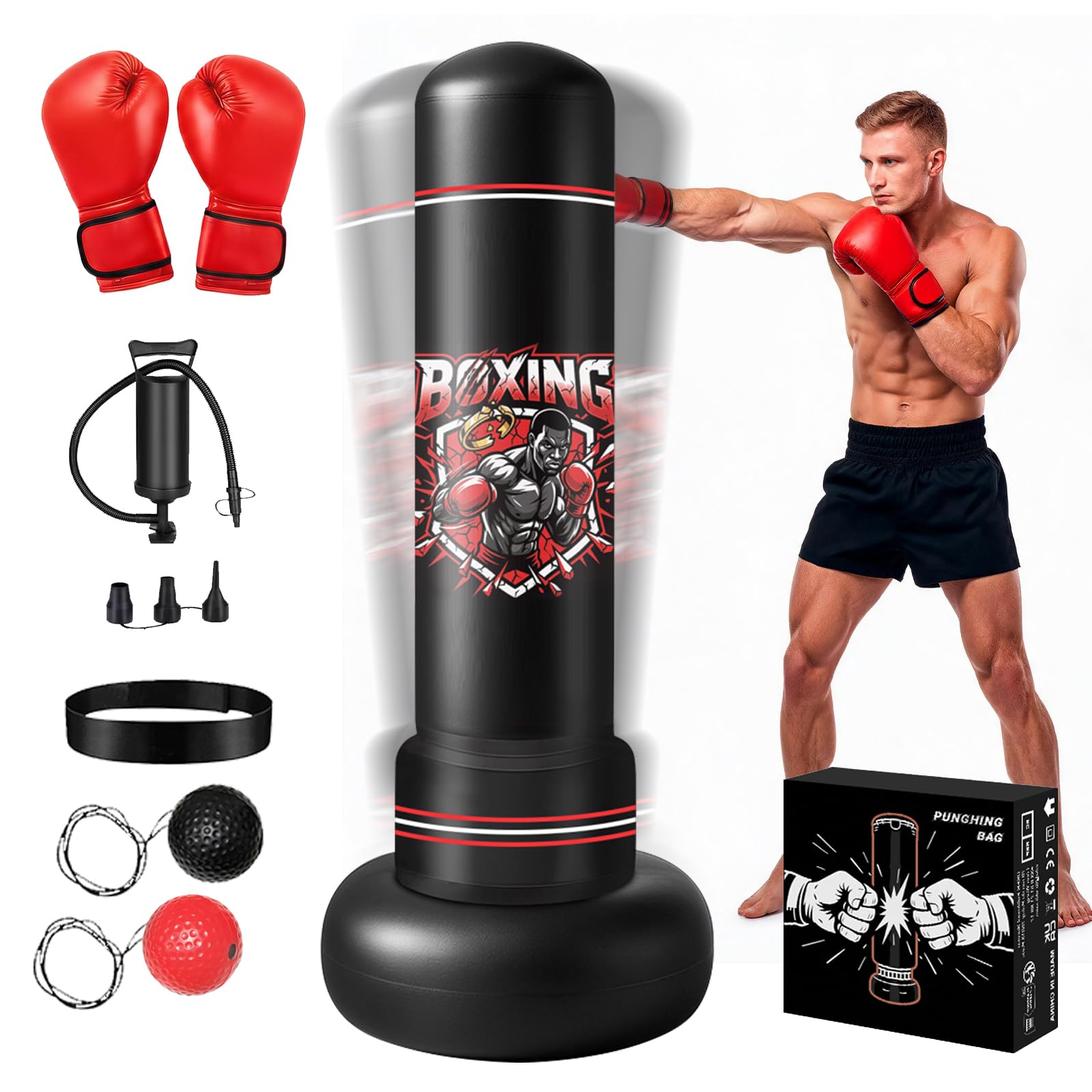 Saco de Boxeo de Pie 180cm para Adultos Saco Boxeo con Guantes Cinta & 2 Pelotas Ligeras Sacos de Boxeo para Karate Taekwondo MMA Equipo Fitness Regalo para Adultos
