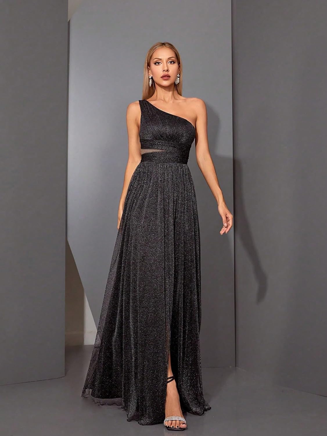 Women's Glamorous One Shoulder Sparkly Tulle Long Evening Dress with High Slit Waist Cinching for Weddings Party - Image 2