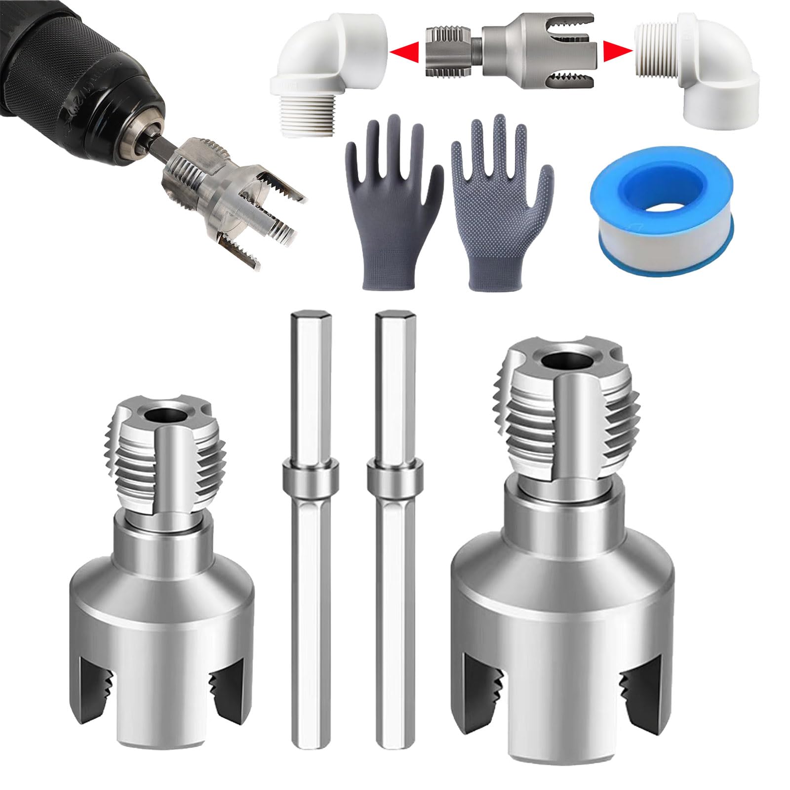 Pipe Threading Tool Kit with Internal &amp; External Threader, 1/2"+ 3/4" Pipe Sizes Rethreading Tool,Pipe Thread Cutting Tool, Electric Drill Compatible PVC Pipe Threader Kit, Pipe Sizes Rethreading Tool