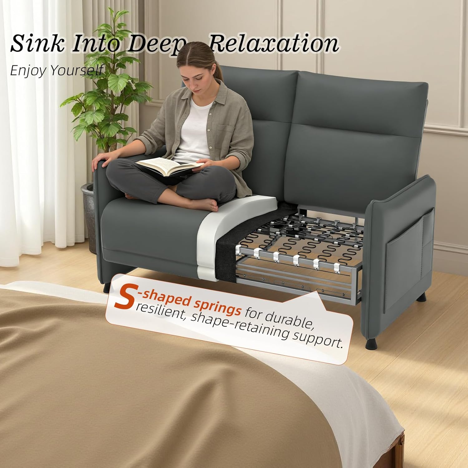 Faux Leather Small Loveseat Sofa, Small Sofa 2 Seater Couch with Flip Up Tray Table Side Pockets Elastic Cushion Perfect Loveseat Couch for Bedroom Living Room or Office, Gray