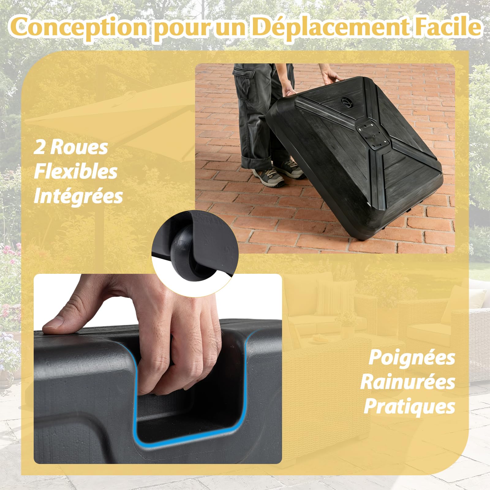 COSTWAY Pied de Parasol Déporté avec 2 roulettes, Support Parasol en HDPE, Rempli de 156 kg Sable&Eau/125 kg Sable/78 kg Eau, Barre Transversale, Base pour Jardin Piscine Terrasse, 81 x 81 x 19 cm