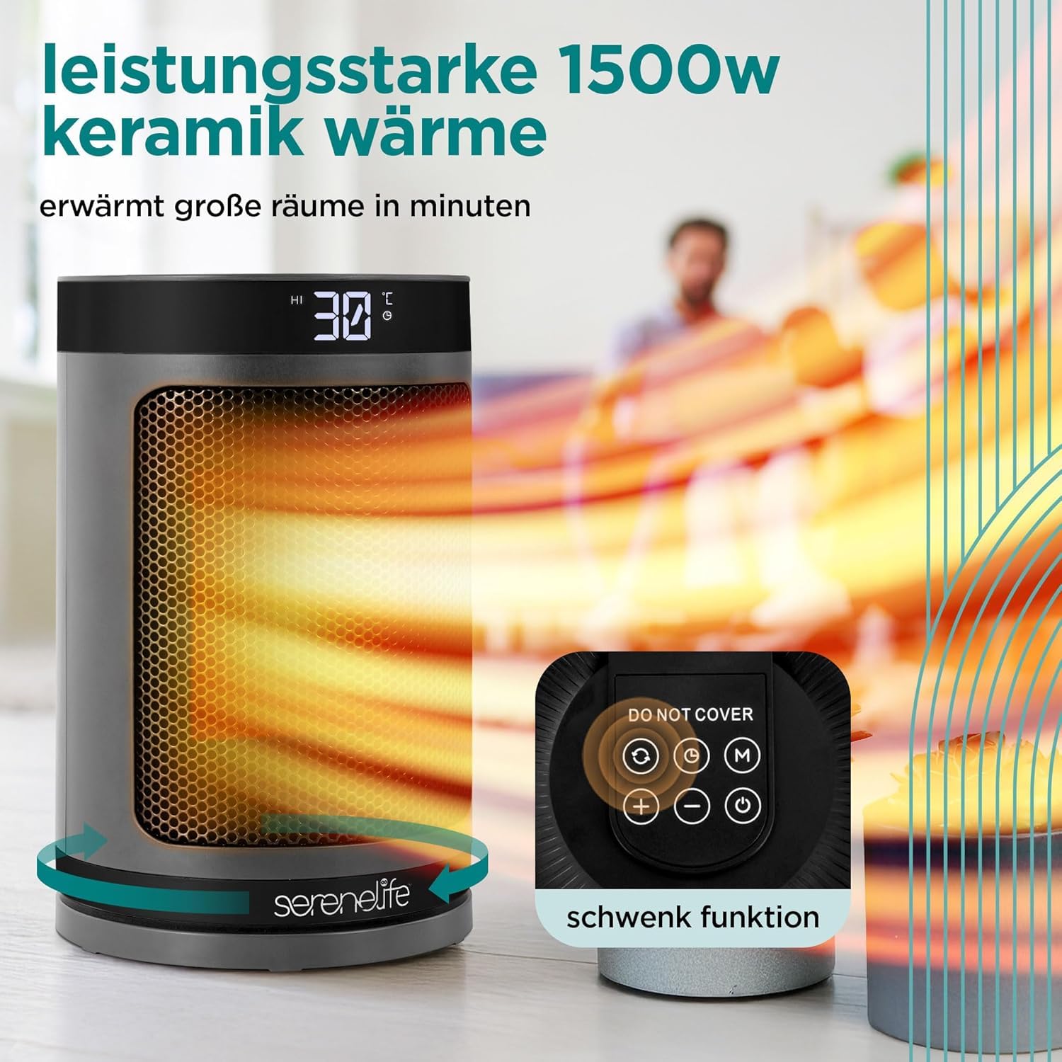 SereneLife Heizlüfter 1500W PTC Keramik, Leise & Energiesparend, WiFi Thermostat mit Fernbedienung, 70° Oszillation