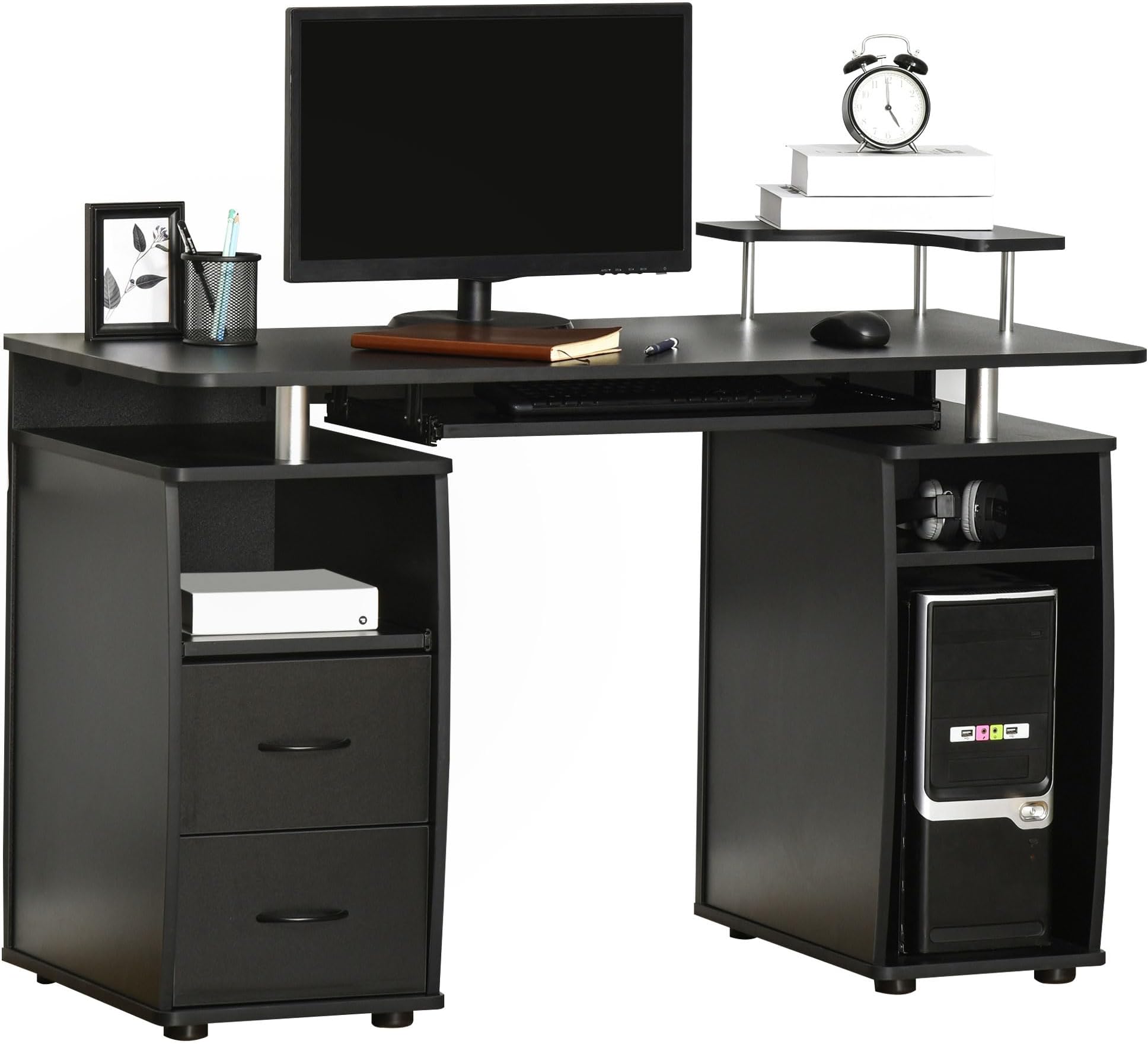 HOMCOM Computer Desk Office PC Table Workstation with Keyboard Tray, CPU Shelf, Drawers, Sliding Scanner Shelf, Black