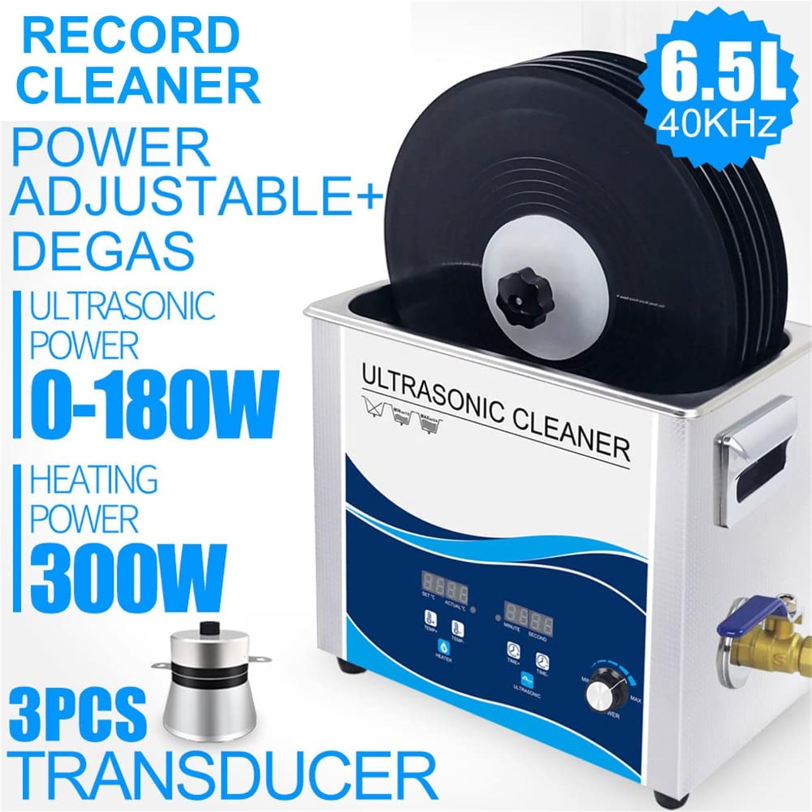 Pulitore a ultrasuoni Pulitore a ultrasuoni per Dischi in Vinile, Sistema di Pulizia per Dischi in Vinile da 6,5 l con Temperatura Regolabile e degasaggio, Staffa di Sollevamento, per Dischi