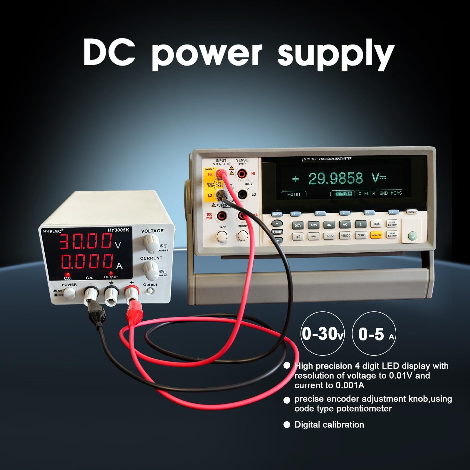 Fuente de alimentación de CC variable, 0-30 V 0-5 A, fuente de alimentación de banco con perilla de codificador, visualización LED de 4 dígitos, calibración digital, carga USB y tipo C