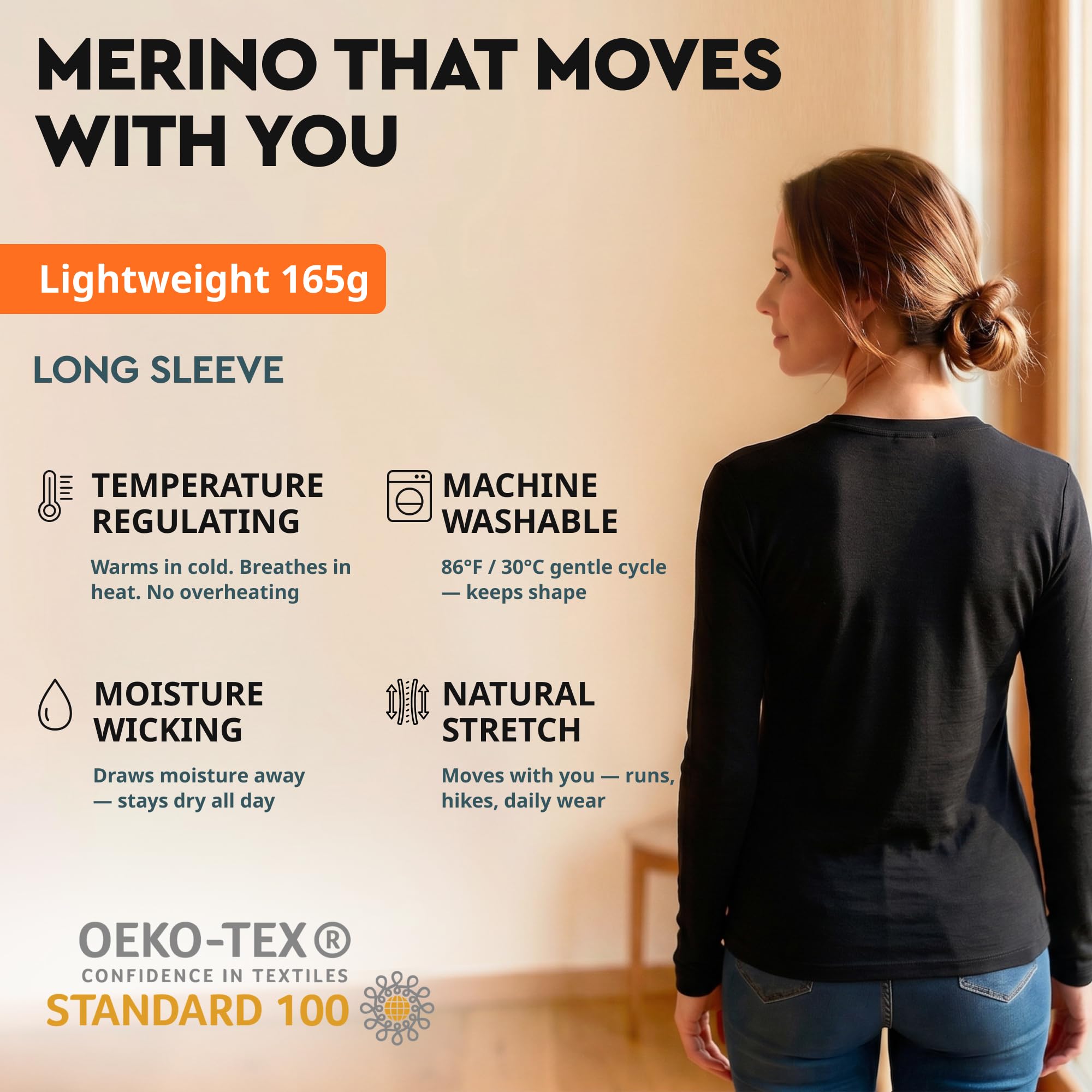 MERINNOVATION Capa base de lana merino 100 % para mujer, camiseta de manga larga de lana merino con cuello en V para mujer
