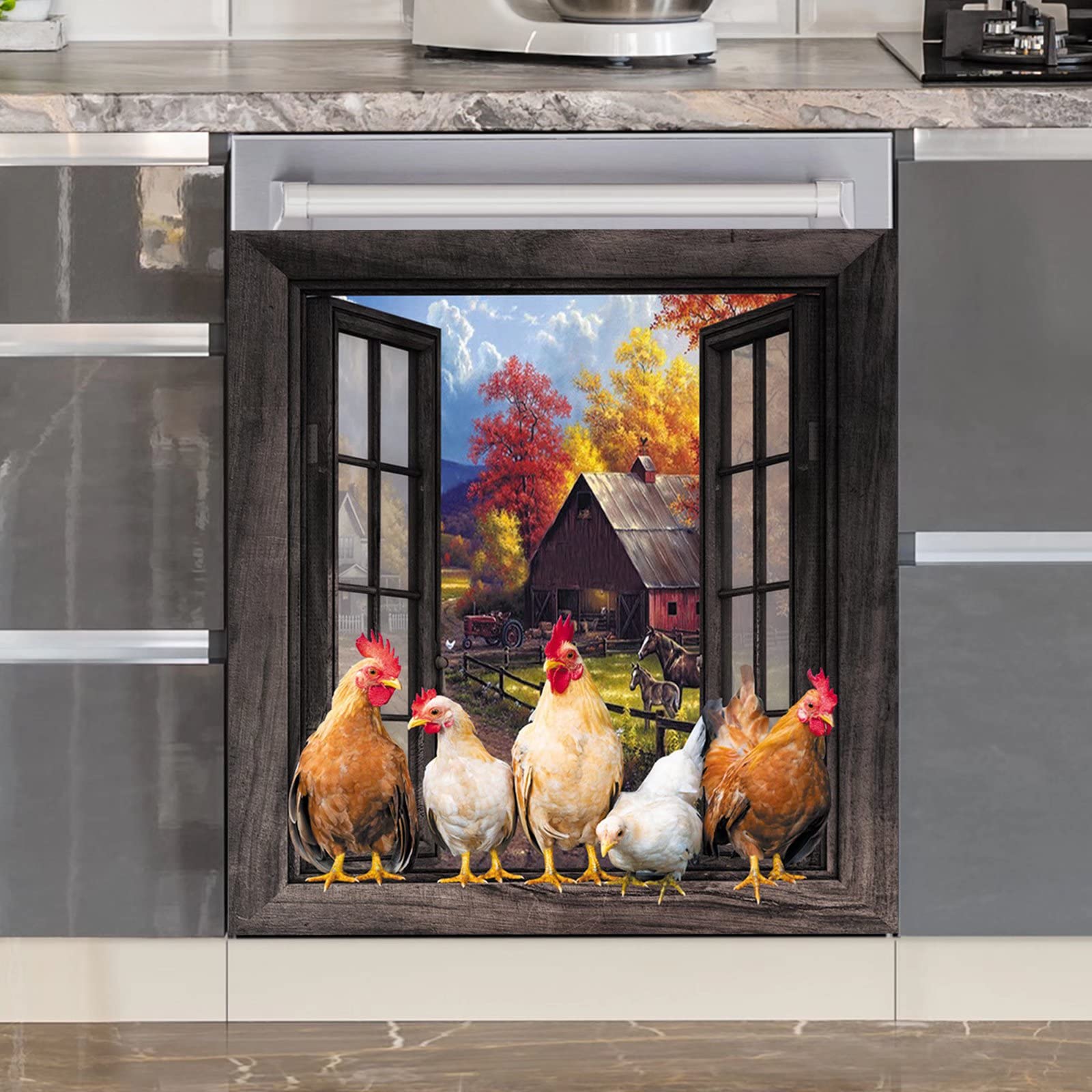 Country Rooster Cover Dishwasher Magnet,Farm Chicken Refrigerator Magnetic,Rooster Hen Fridge Decal Kitchen Decor,Farmhouse Landscape Decal Vinyl Panel,Rooster Magnets,Home Appliance Sticker S