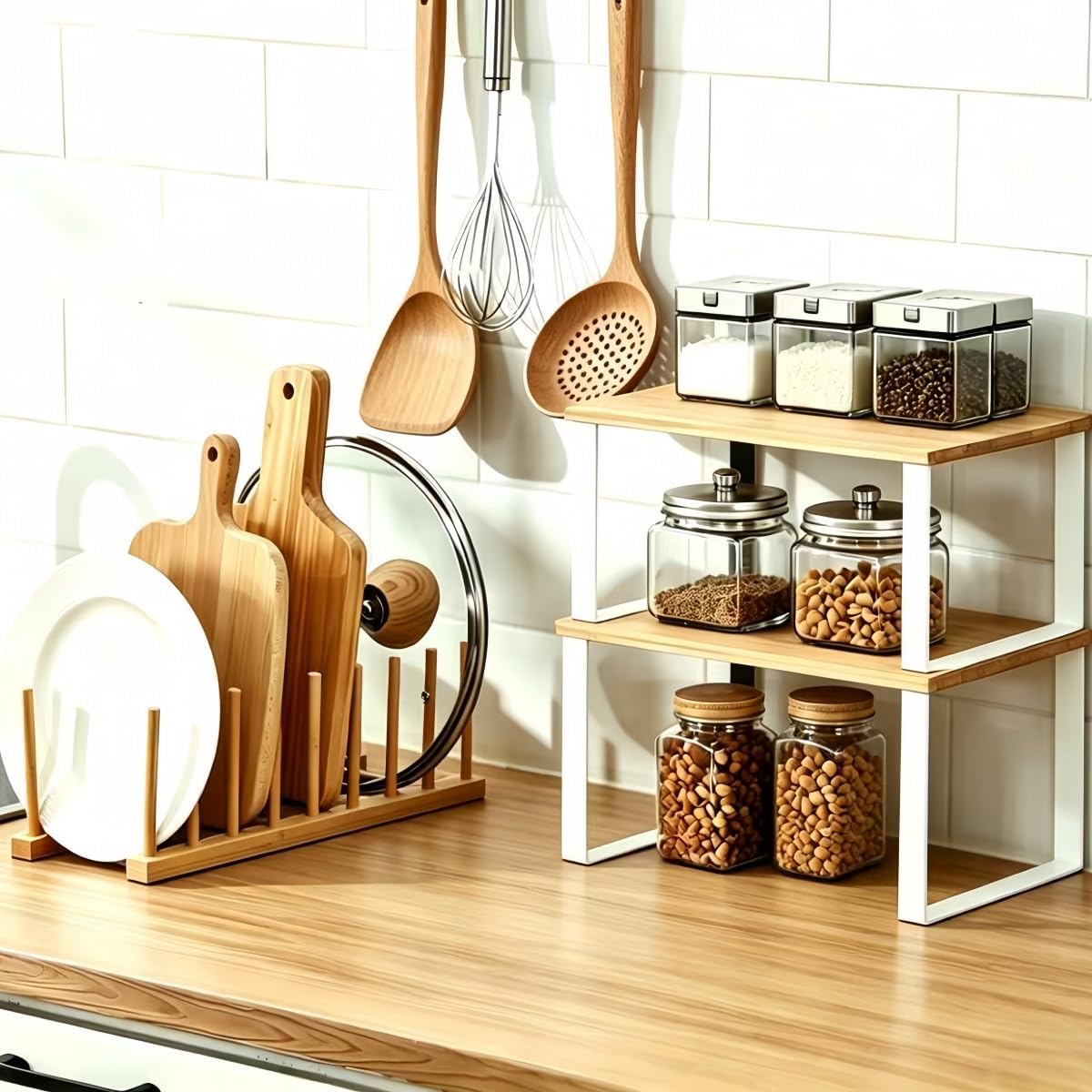4 Pcs Plate Organizer for Cabinet, Plate and Bowl Organizer for Cabinet , Cabinet Organizer Shelf and Bamboo Dish Drying Plate Rack Counter Shelves Storage Holder for Spice Rack, Dish, Pot Lid, Bowl
