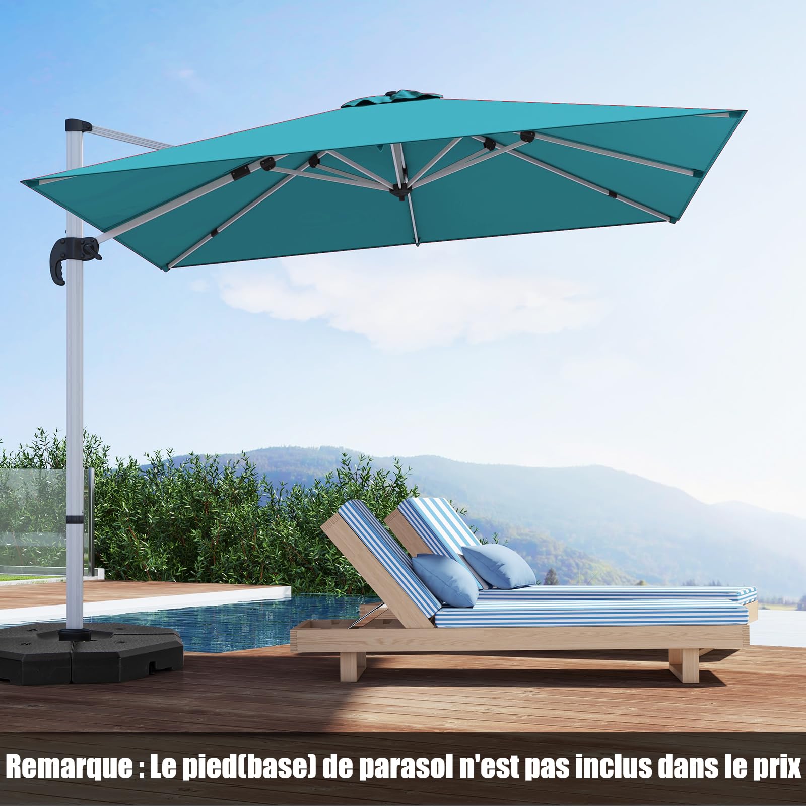 COSTWAY Parasol Déporté 3x3M, Carré de Jardin Avec Base en Croix, Inclinable 5 Angles et Hauteurs Réglables, Excentré Rotatif à 360° Avec Manivelle et Double Toit (Bleu)
