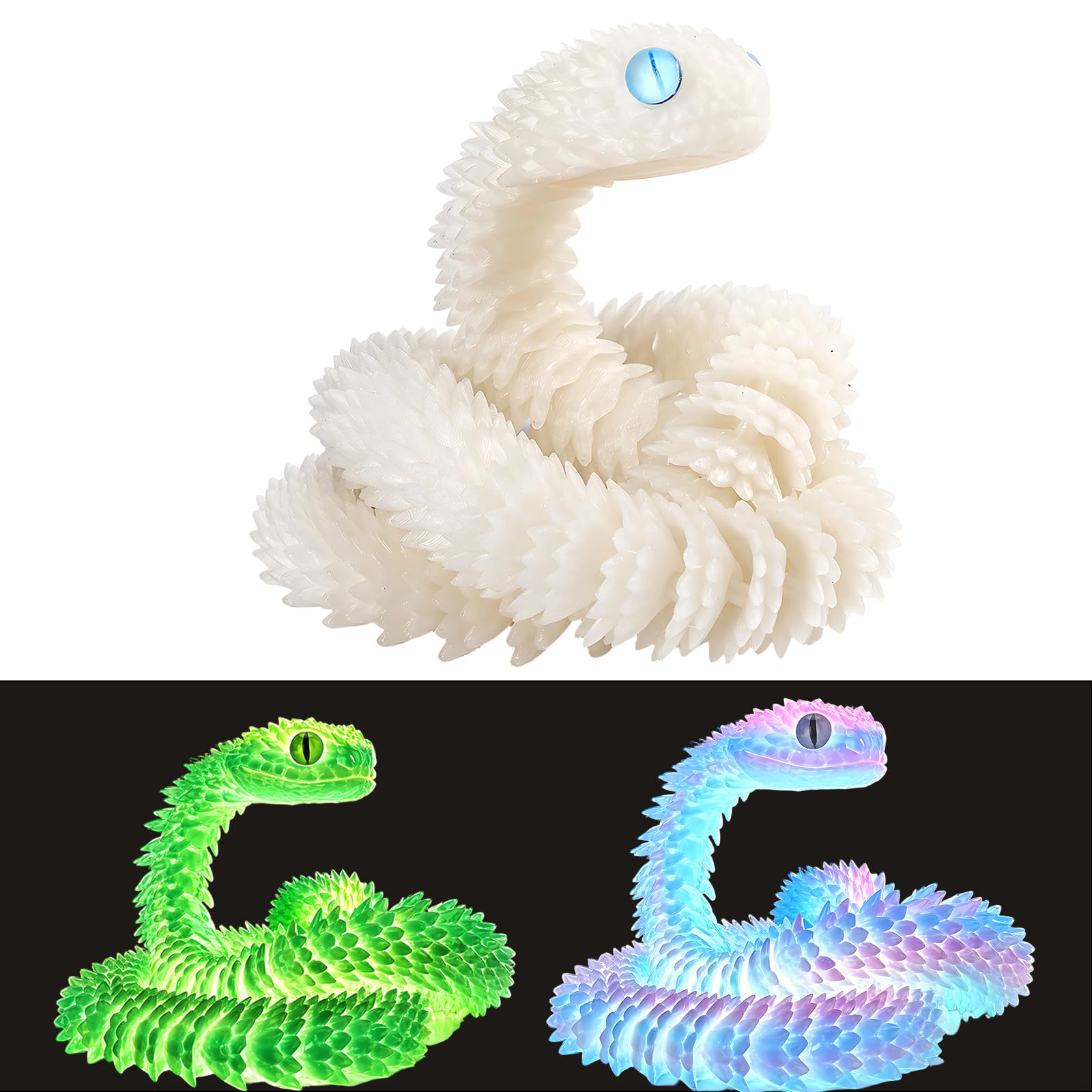 JBLJDWD 2Pcs 3D Printed Snake, Glow in The Dark Decorations, Set with Green and Rainbow Colours, Creative Home Display for Enthusiasts
