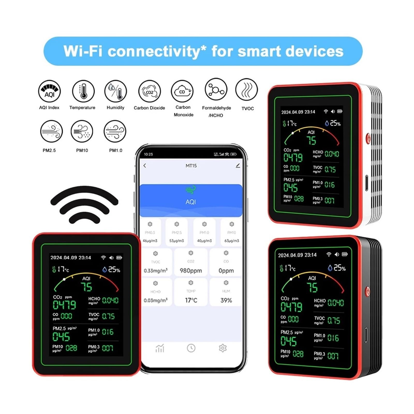 Air Quality Monitor, 15 In 1 Monitor A Qualità 'aria Rilevatore Di CO2 For Interni Formaldeide HCHO TVOC Tester LCD Umidità A Temperatura Allarme Misuratore(Black)