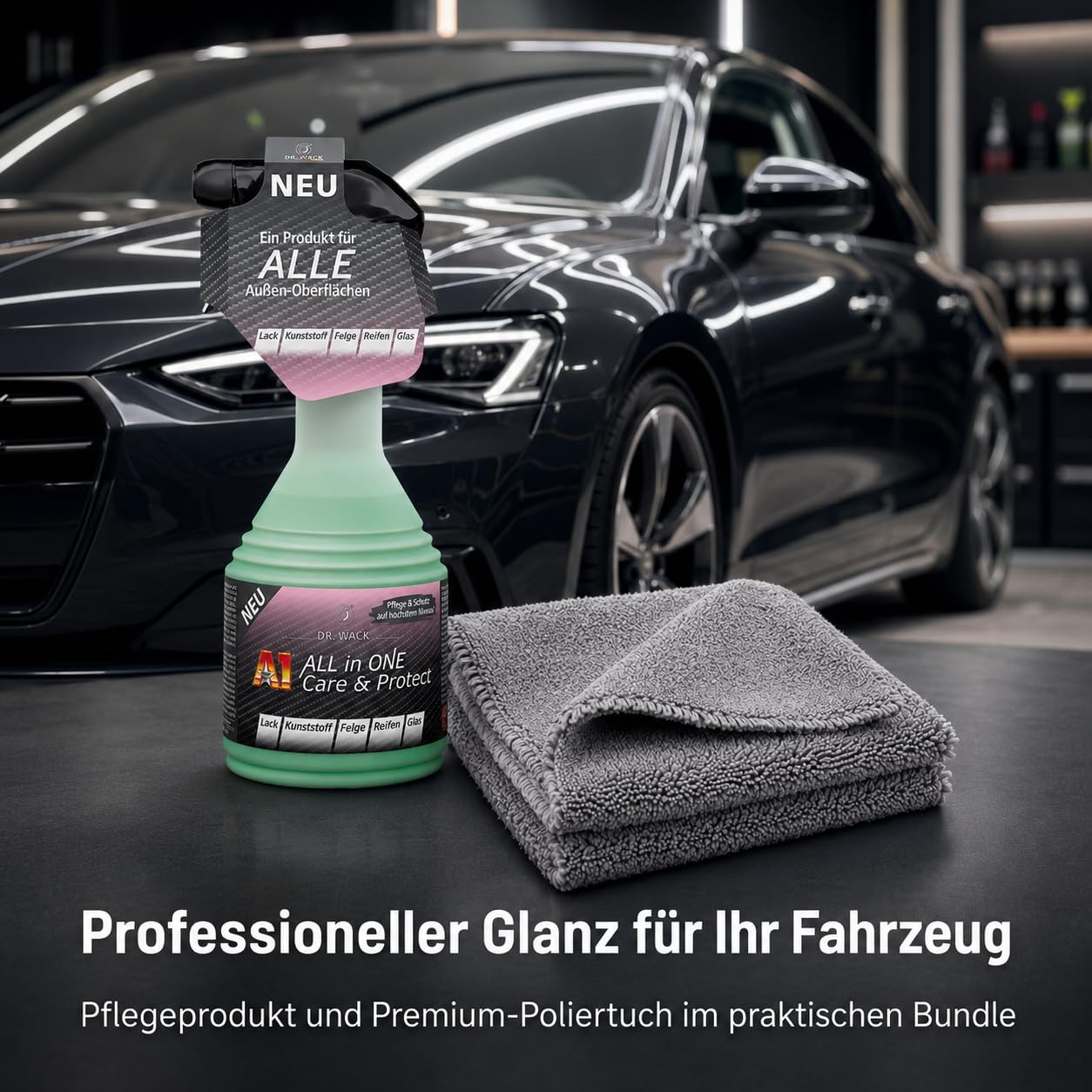 Set: 2x Dr. Wack A1 ALL IN ONE Care & Protect 500 ml + Mikrofaser-Poliertuch 520 GSM – Sprühversiegelung fürs Auto mit Schutzfilm & Abperleffekt für Lack, Glas, Felgen, Kunststoff u. Reifen