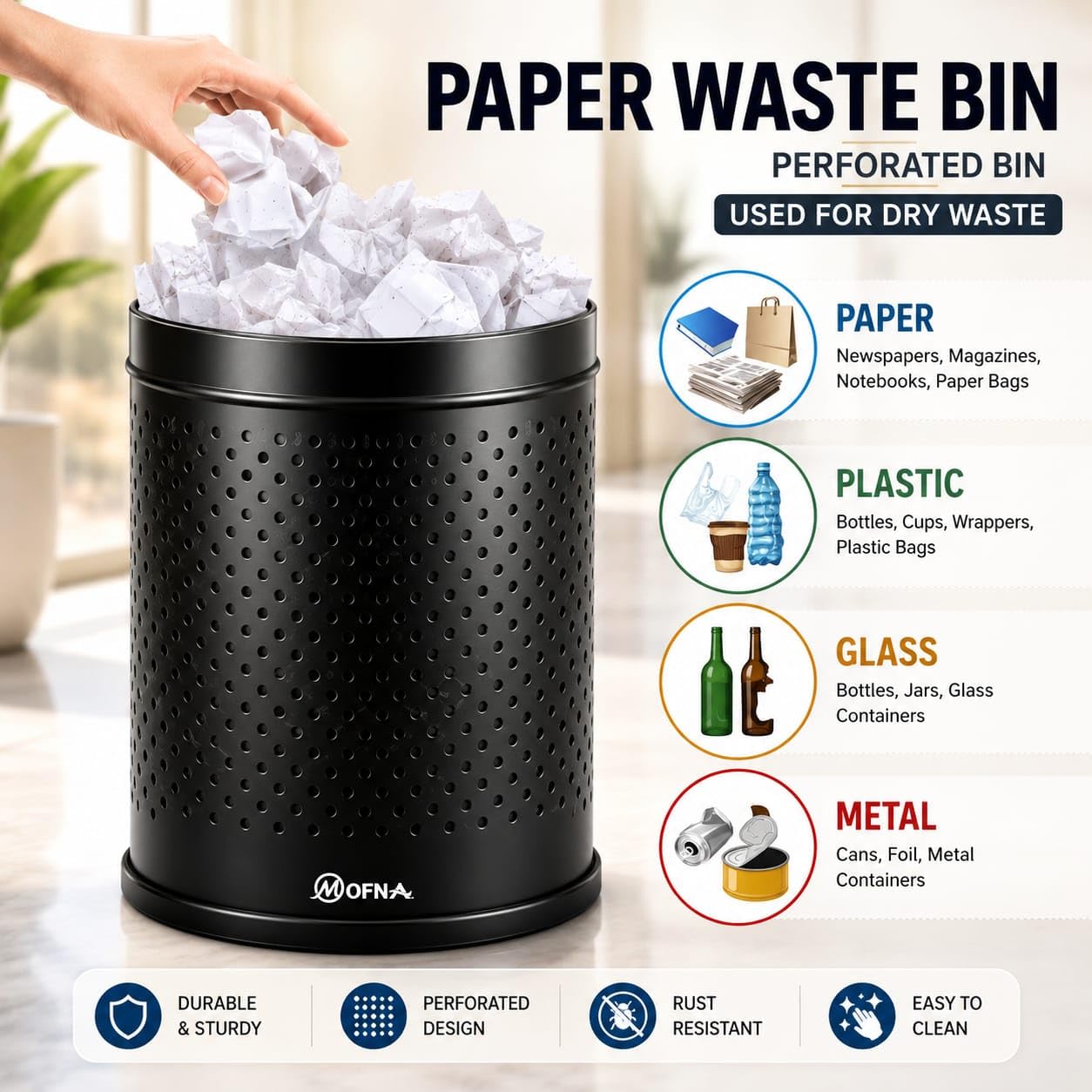 mofna Stainless Steel Perforated Dustbin for Home, Trash Can with Anti-skid Base, Garbage Bin for Bathroom, Office, Bedroom, Kitchen & Toilet or Commercial Use- (7x10 In -6 Liter, Black), Pack of 1 3