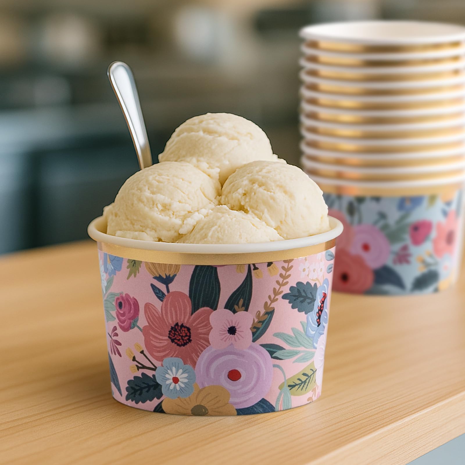 Image secondaire de Lot de 50 Pots Glace 266 ml et Coupelles Jetables – Bols en Papier avec Motif Floral et Bord Doré – Pot à Glace Jetable, Coupell