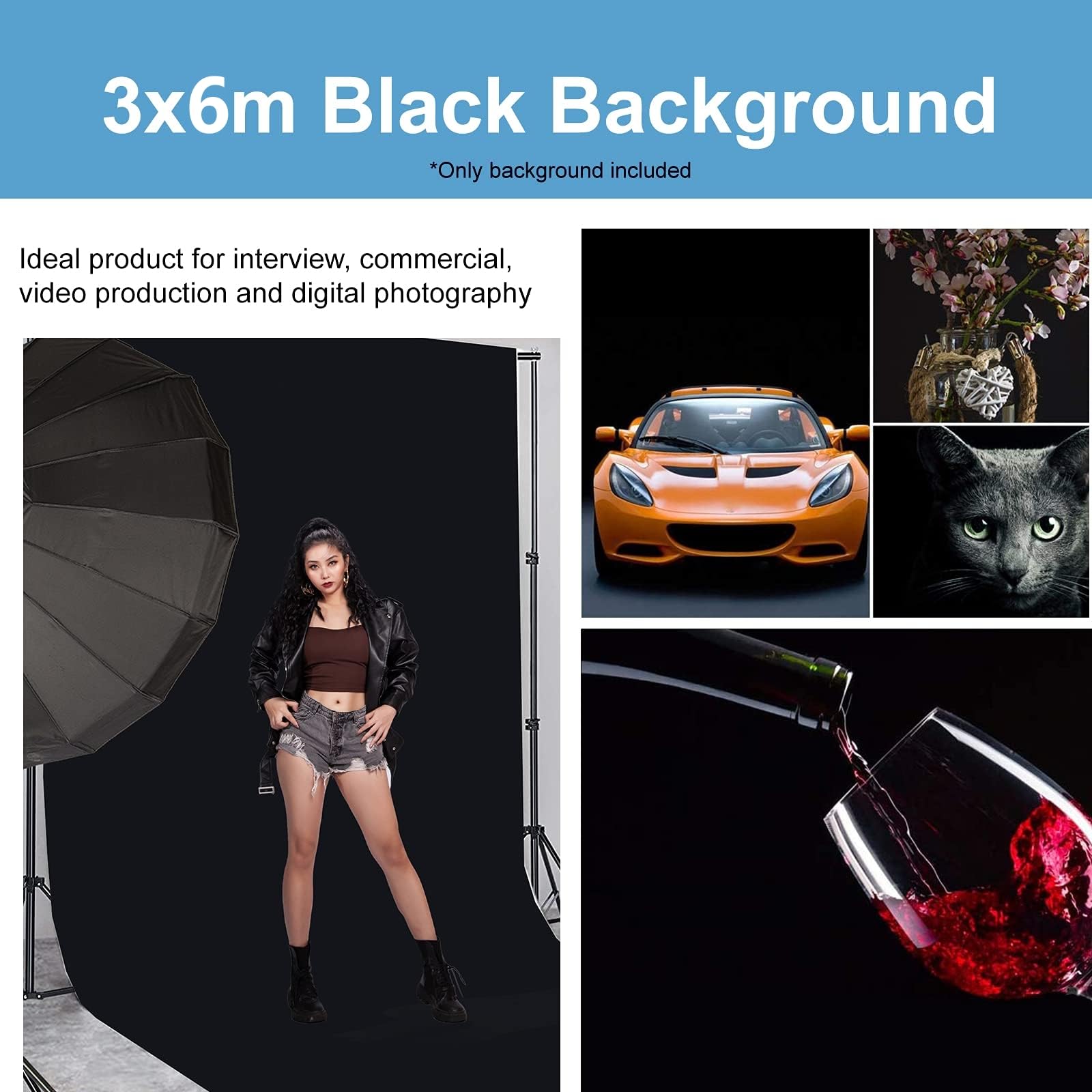 Fotohintergrund, 3 x 6 m, schwarzer Bildschirm, 100% Baumwoll-Musselin, maschinenwaschbar, faltbar, für Studio-Produkt-Porträtaufnahmen, Live-Streaming, Zoom-Meeting Besuche den BOLLUMA-Store