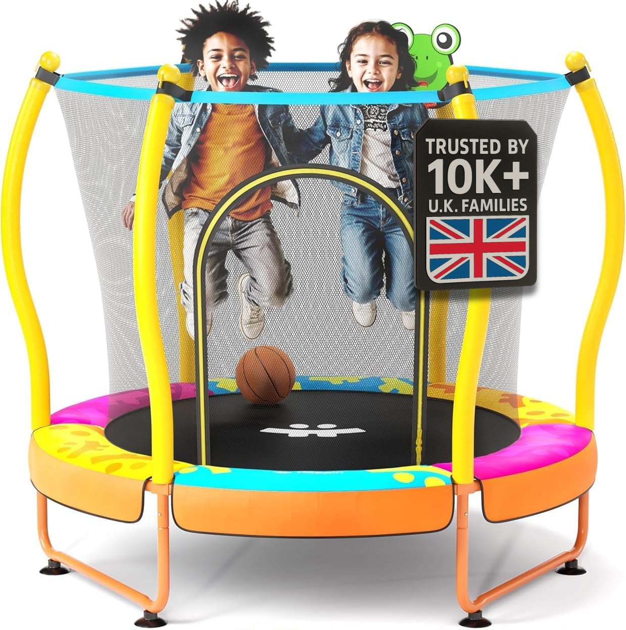 Happin® 55'' Kids Trampoline, Trampolines for Toddlers Ages 2-6 with Safety Enclosure Net, Indoor Outdoor & Toddler | Small Trampoline for Kids with Basketball Hoop for Boys & Girls