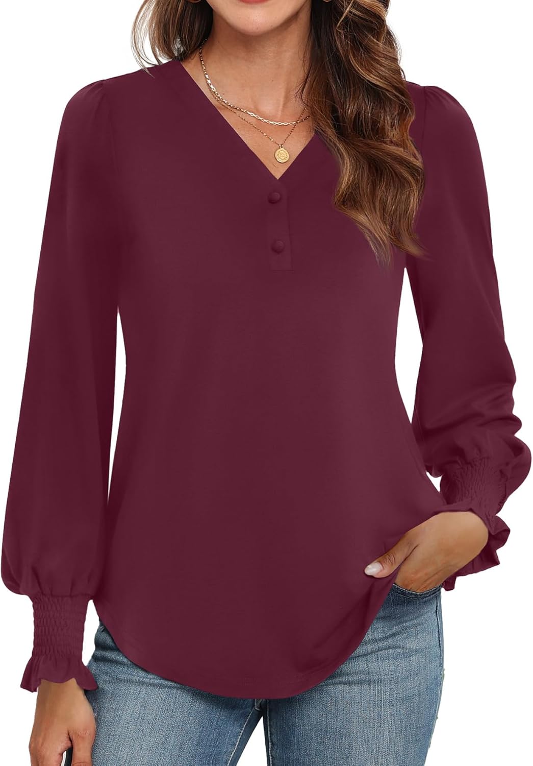 WEACZZY Womens Tops Long Sleeve Fall Shirts for Women Dressy Casual Button V Neck Tunic Blouse Ruffle Cuffs T-Shirts 2025