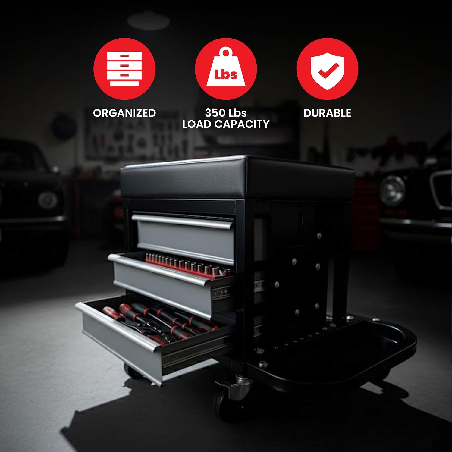 Heavy-Duty Mechanic Roller Seat with 3 Drawers & Fold-Out Side Tray – 350 lb Capacity Rolling Creeper Stool for Garage & Workshop | Steel Frame, Padded Vinyl Seat & 360° Casters for Tool Storage