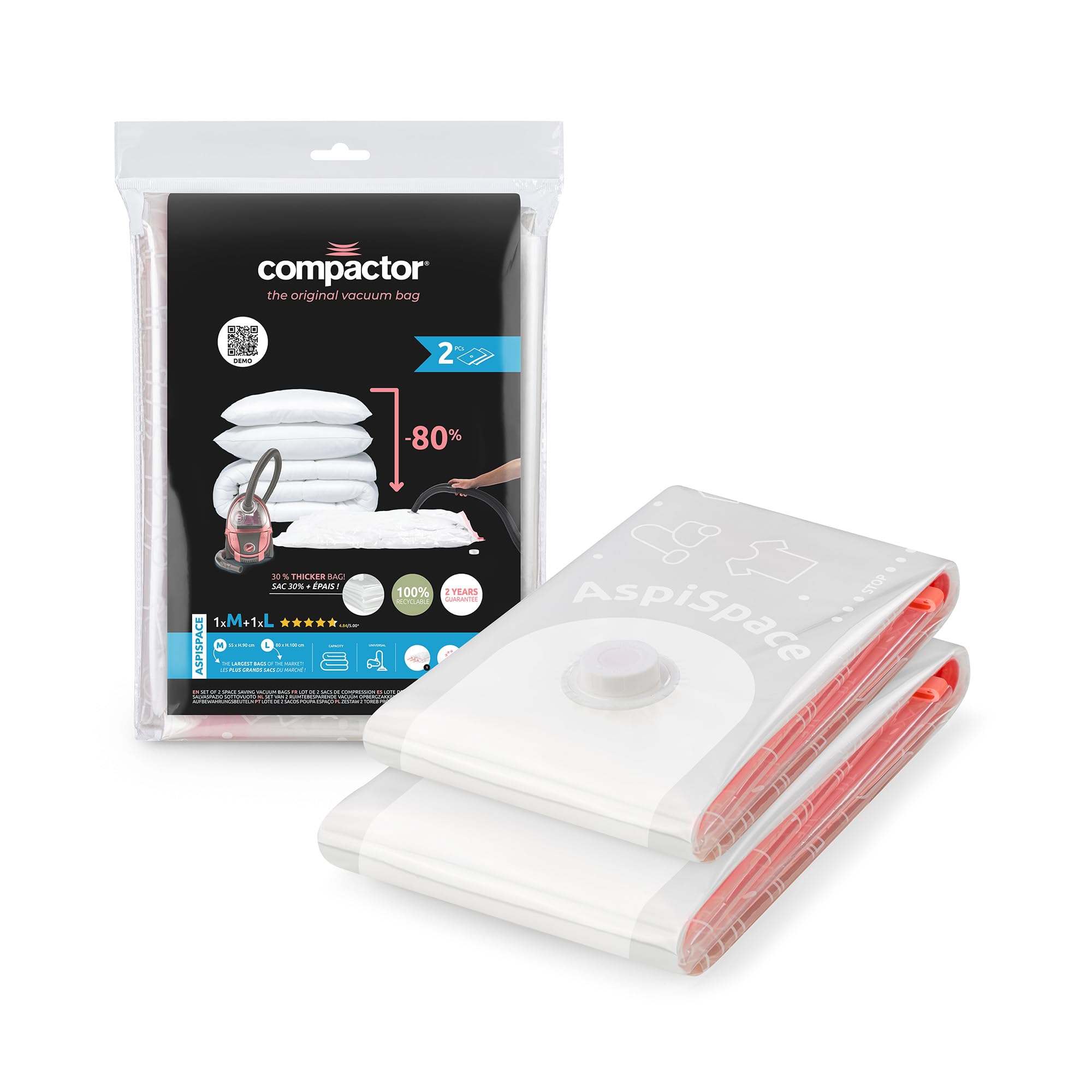 Compactor Set of 2 Aspispace Vacuum Compression Bags Ultra-Efficient Valve | Saves up to 80 Percent Space | Reusable up to 100 Times