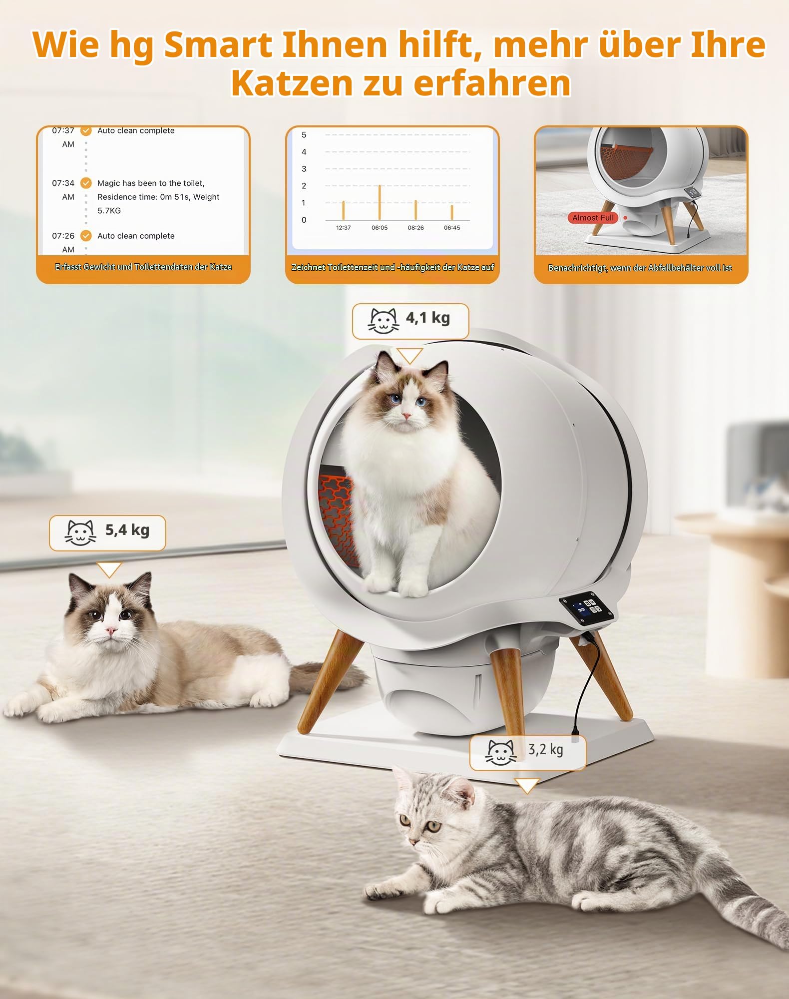 Selbstreinigende Katzentoilette IPX5 Wasserdicht, Elektrisches Katzenklo | 63L Automatische Katzentoilette für Katzen Offenes Design, App-Steuerung/Sensorschutz/Geruchskontrolle, Mehrere Katzen 3-15kg