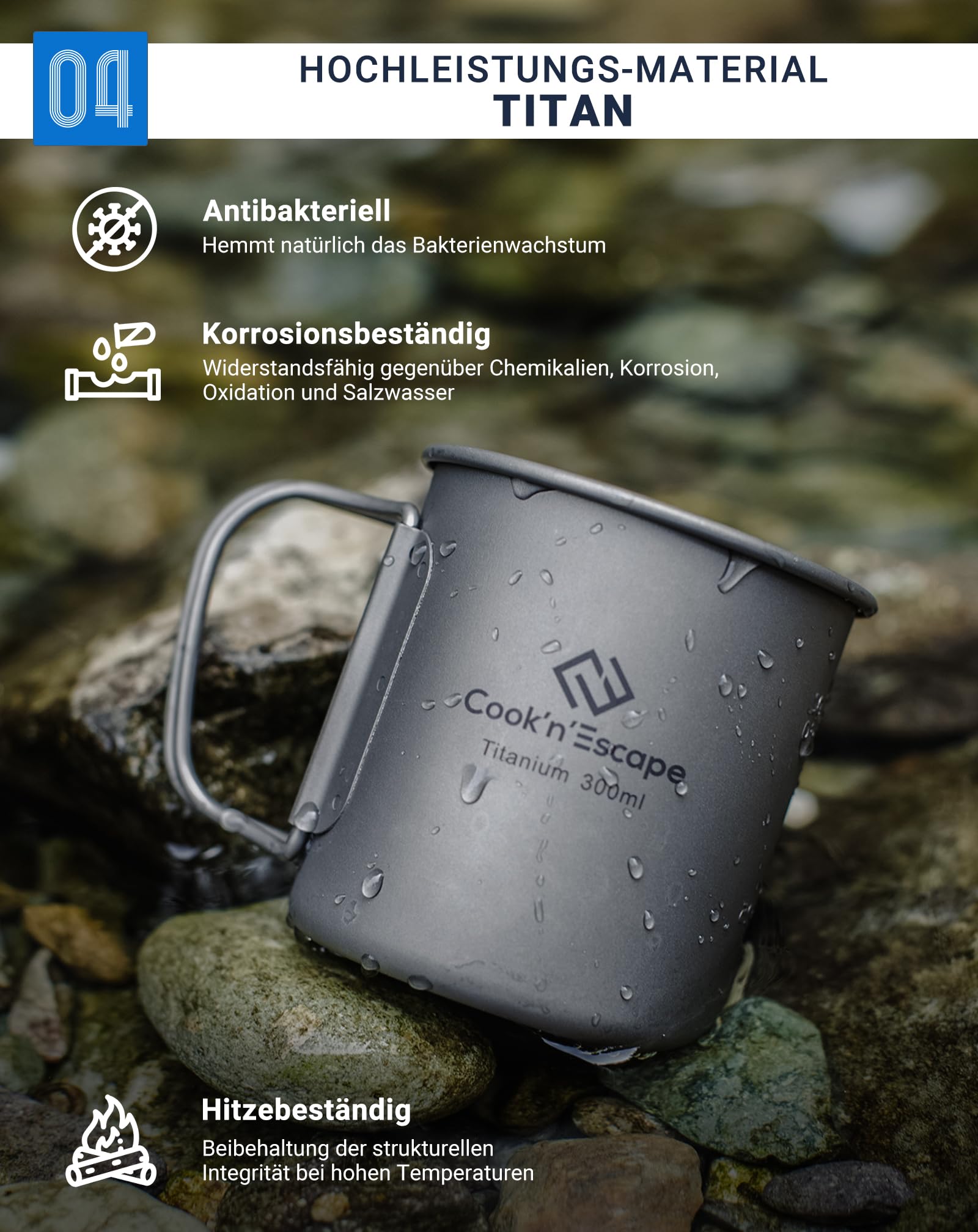 COOK'N'ESCAPE Titan Becher Camping – Ultraleichte Camping Tasse aus Titanium mit Deckel und klappbarem Griff, Aufhängbar, Robust & Hitzebeständig, ideal für Camping, Wandern und Outdoor-Picknick