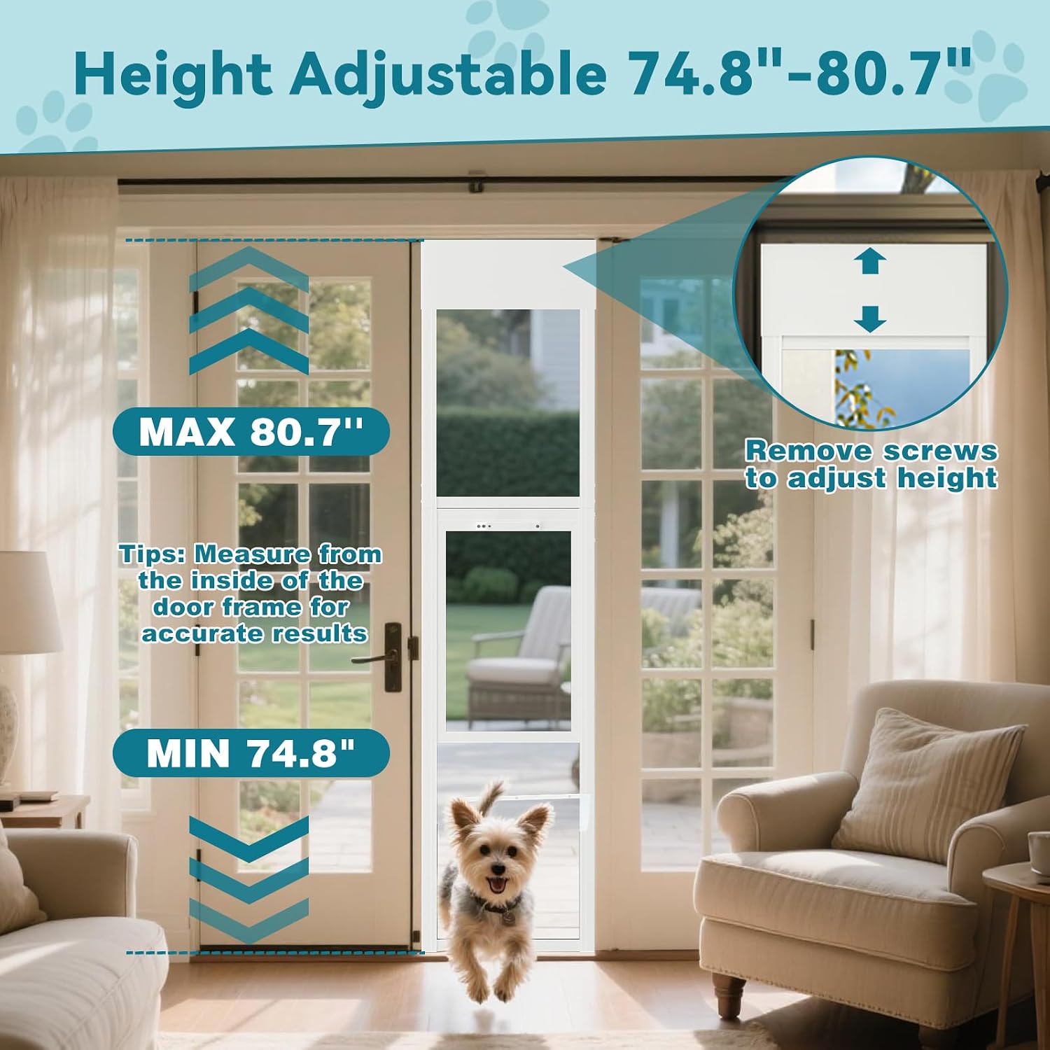 MOPHOTO Dog Door for Sliding Glass Door, Adjustable Height 74.8"-80" Glass Pet Door, No-Drill Insert Installation, Rental-Friendly Sliding Pet Door with Security Lock & Weather Stripping, White