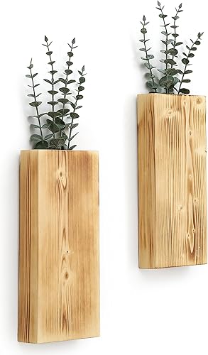 Miniatura 7 de Juego de 2 macetas de madera para pared, bolsillo de pared de madera para flores secas y vegetación, florero colgante de madera para interiores,