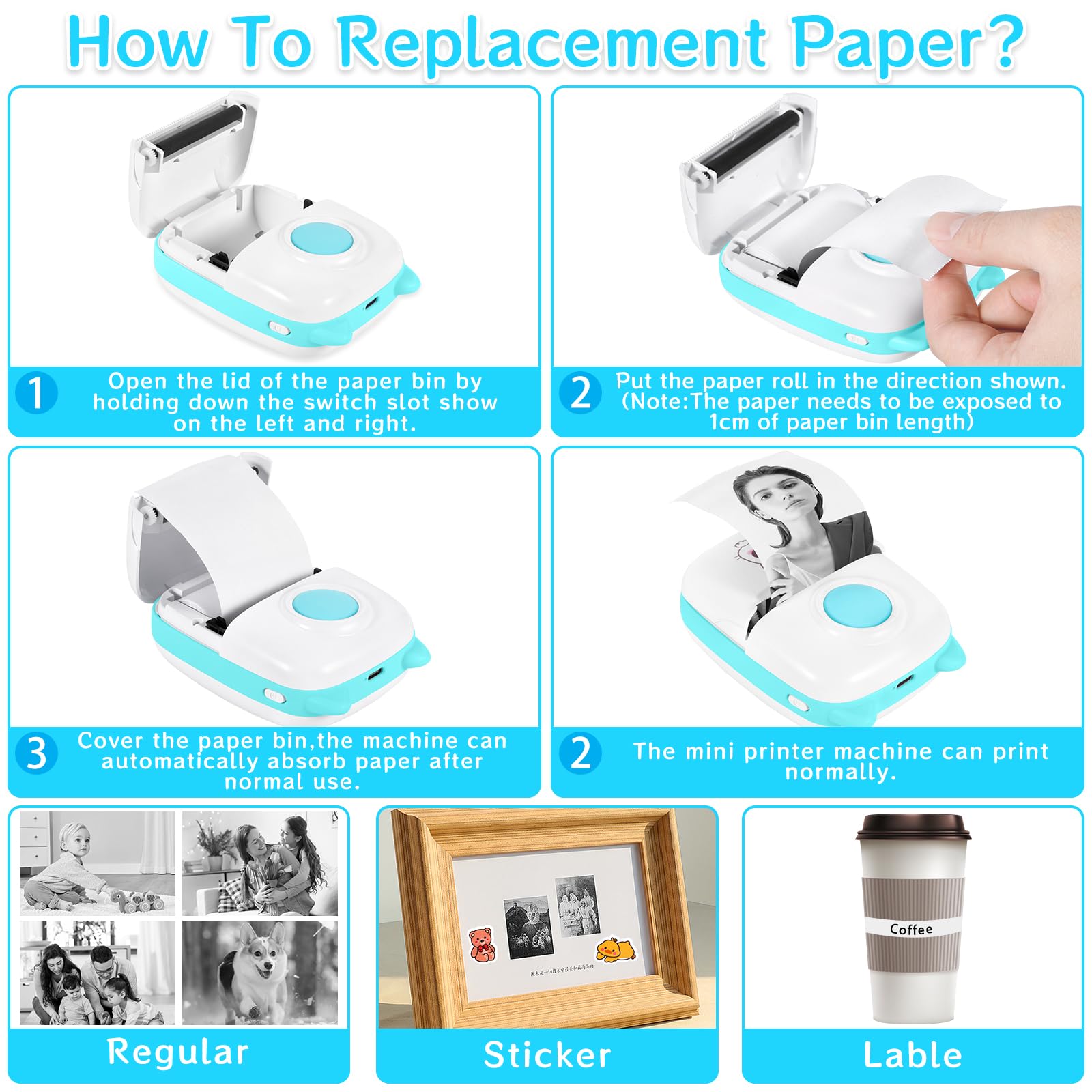 Mini Imprimante - Mini Imprimante Autocollant, Imprimante Photo Portable, Imprimante Thermique, Noir et Blanc Autocollant Maker pour Les étudiants, Cadeau de Noël, pour iOS & Android