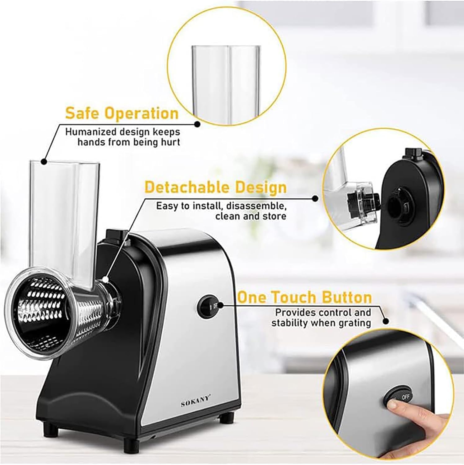 Electric Grater, 1000W Professional Vegetable Cutter, 5 Interchangeable Stainless Steel Blades, Easy to Operate, for Shredding and Grating Hard Cheese, Chocolate, Nuts