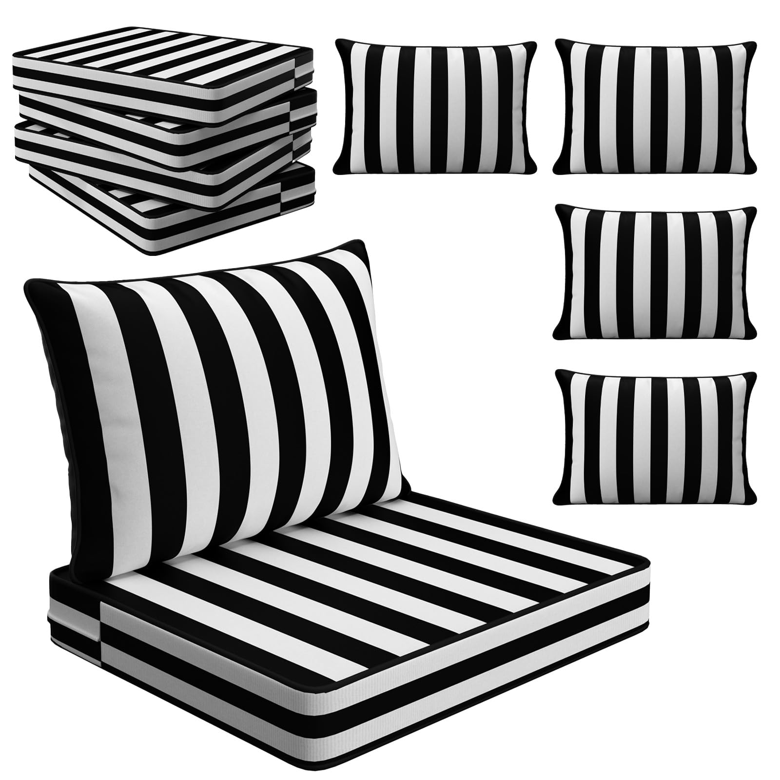 THMINS Black Stripe Outdoor Patio Cushion Set of 4, 24x24 Inch Deep Seat and Back Cushions, Waterproof & Fade-Resistant, Removable Covers, Black