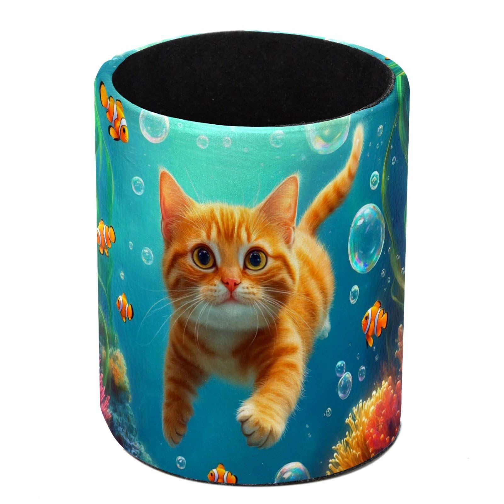 FWJZDSP Ocean Cat PU Leather Pencil Organizer, Makeup Brush Holder, Office Decor and Desk Accessories Durable