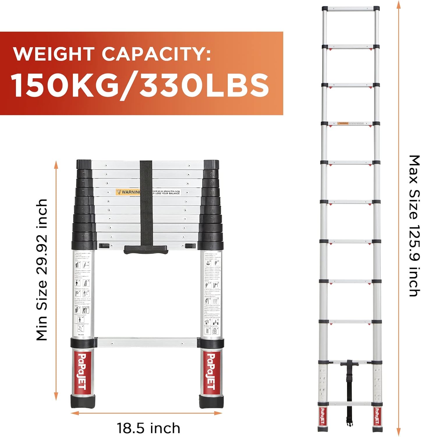 PAPAJET 10.5 FT Telescopic Ladder, Aluminum Multi-Purpose Telescoping Extension Ladder, Retraction Ladder for Home Maintenance Indoor Outdoor - - 