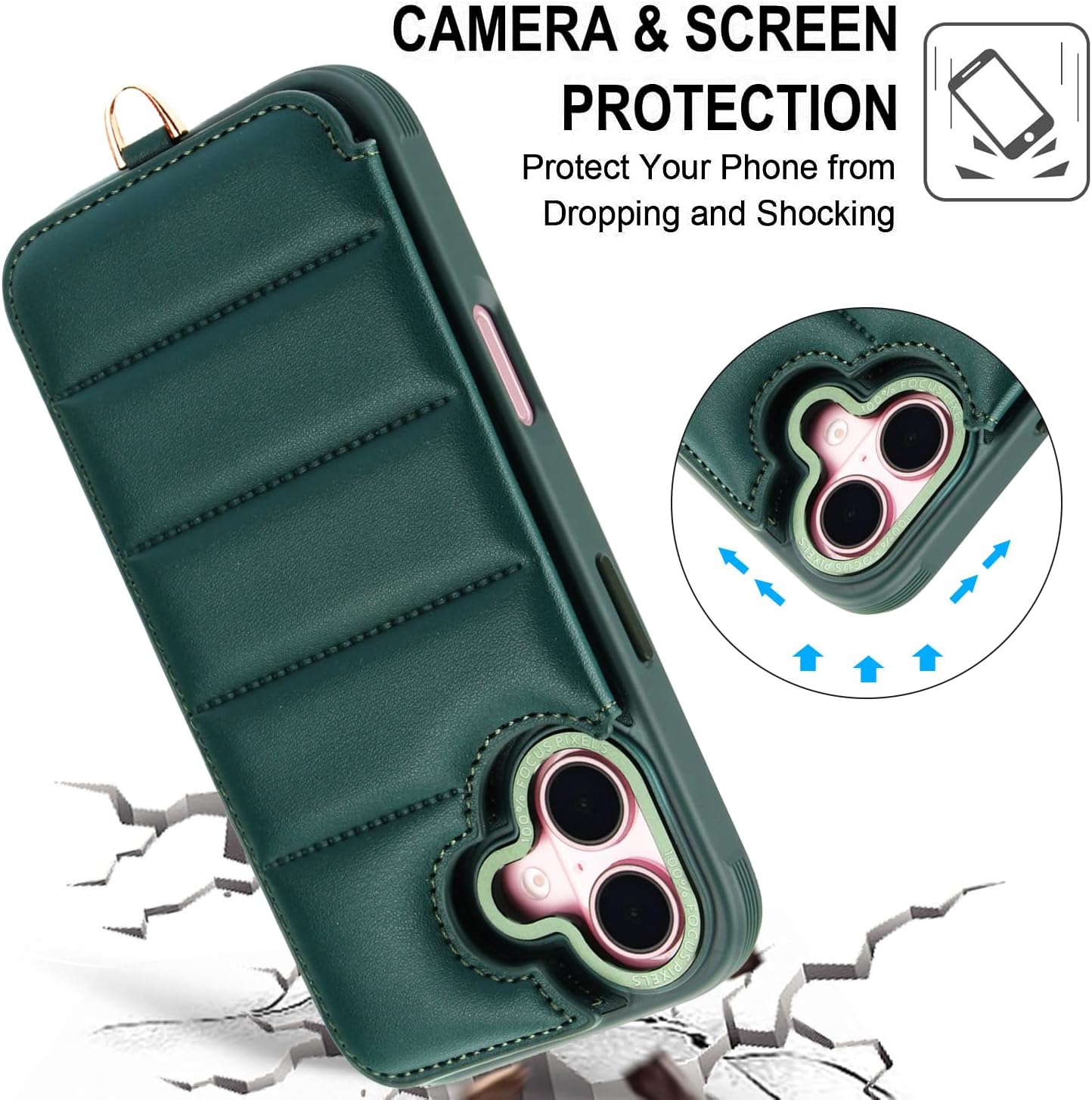 Crossbody Wallet Case for iPhone 16 with Strap,RFID Blocking Leather Flip Case for Women with Card Holder,Magnetic Purse Shockproof Cover with Kickstand,Lanyard,Green - Image 7