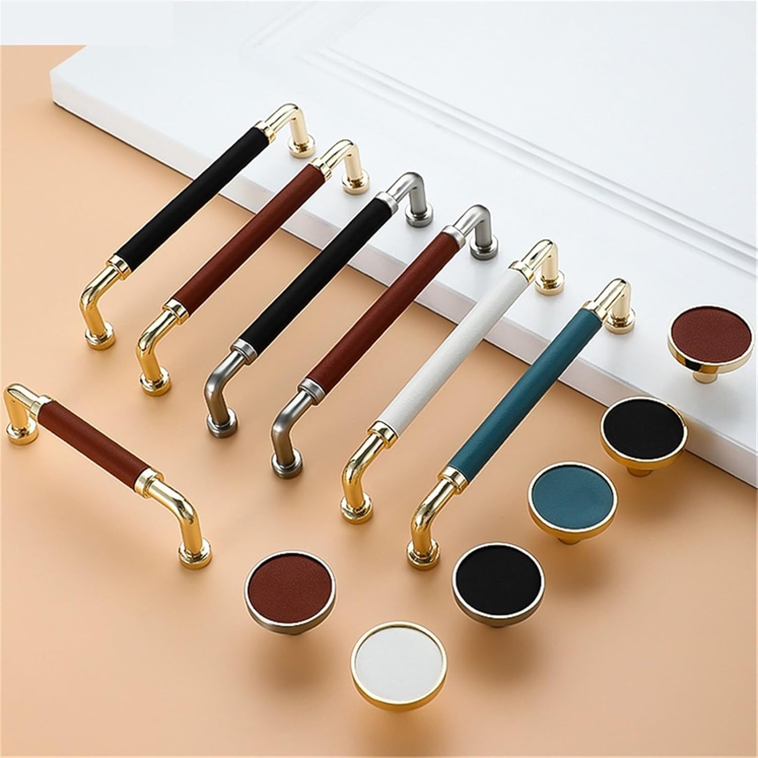 Kitchen Cabinet Handles Drawer Wardrobe Door Handle Furniture Cabinet Drawer Pulls Leather 1Pcs(Brown Gold 128mm)