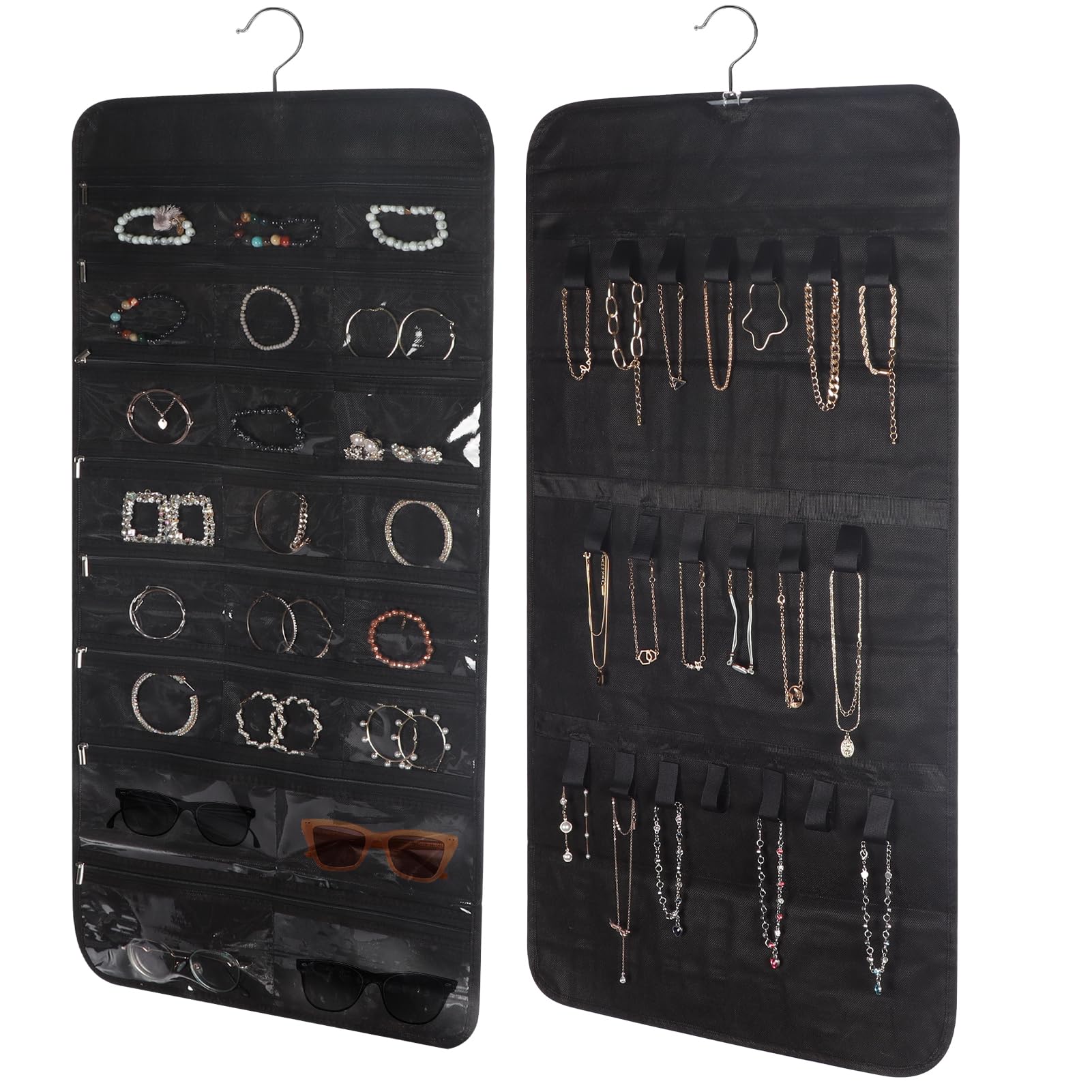 CRUGLA 2 Packs Hanging Jewelry Organizer Set, Jewelry Holder Organizer with 44 Zippered Pockets and 40 Hook Loops Black Hanging Accessories Closet Organizers Earring Necklace Holder for Jewellery